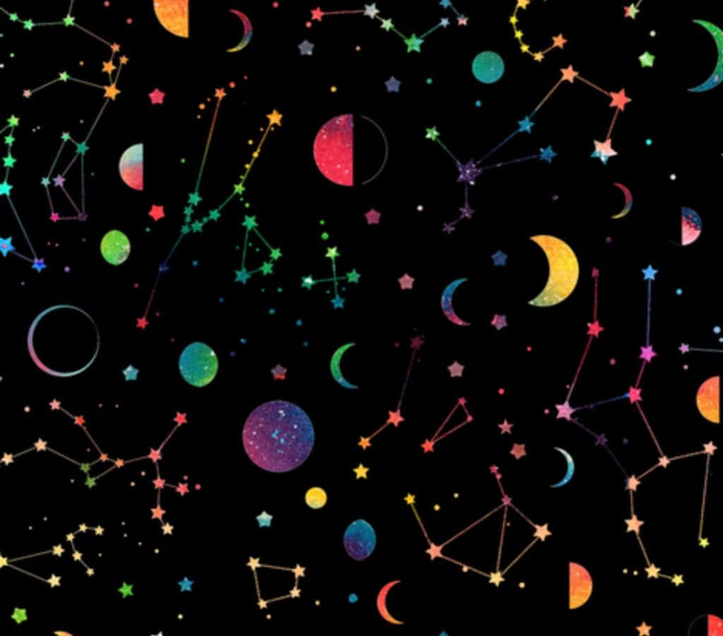 桌布 壁紙 — 充滿活力的宇宙圖案，彩虹星星、月亮和星座散落在黑色背景上。