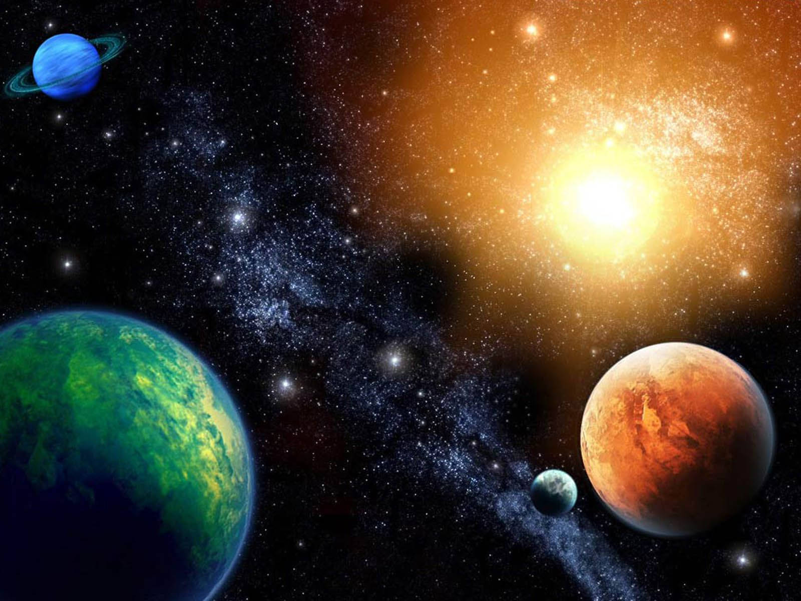 太陽系 桌布 壁紙 — 充滿活力的宇宙場景，地球、火星和土星圍繞著發光的太陽運行，背景是繁星點點的銀河。