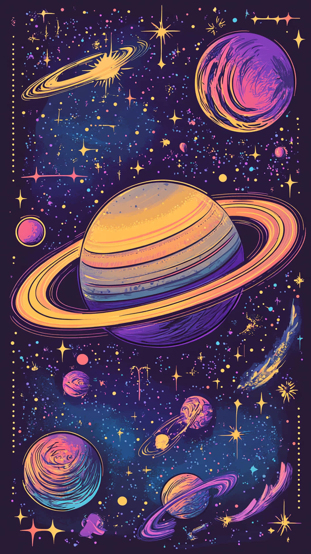 Galaxy wallpaper 壁紙 — 充滿活力的宇宙場景，旋轉的行星環和星星在深空背景下發出霓虹紫、黃和藍色的光芒。
