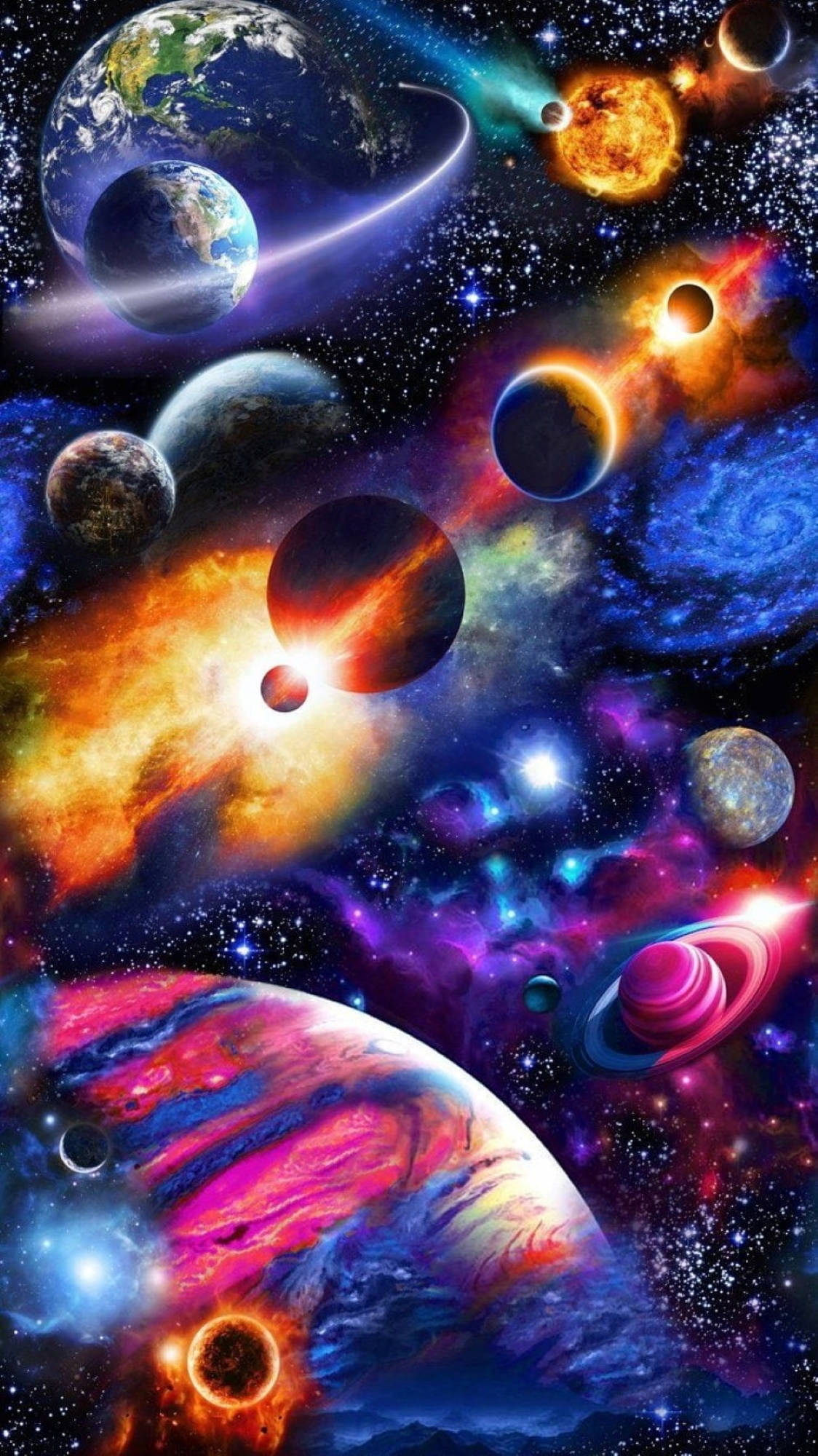 宇宙 桌布 壁紙 — 充滿活力的宇宙場景，有旋轉的星系、行星和恆星，呈現鮮豔的紫色、橙色和藍色。