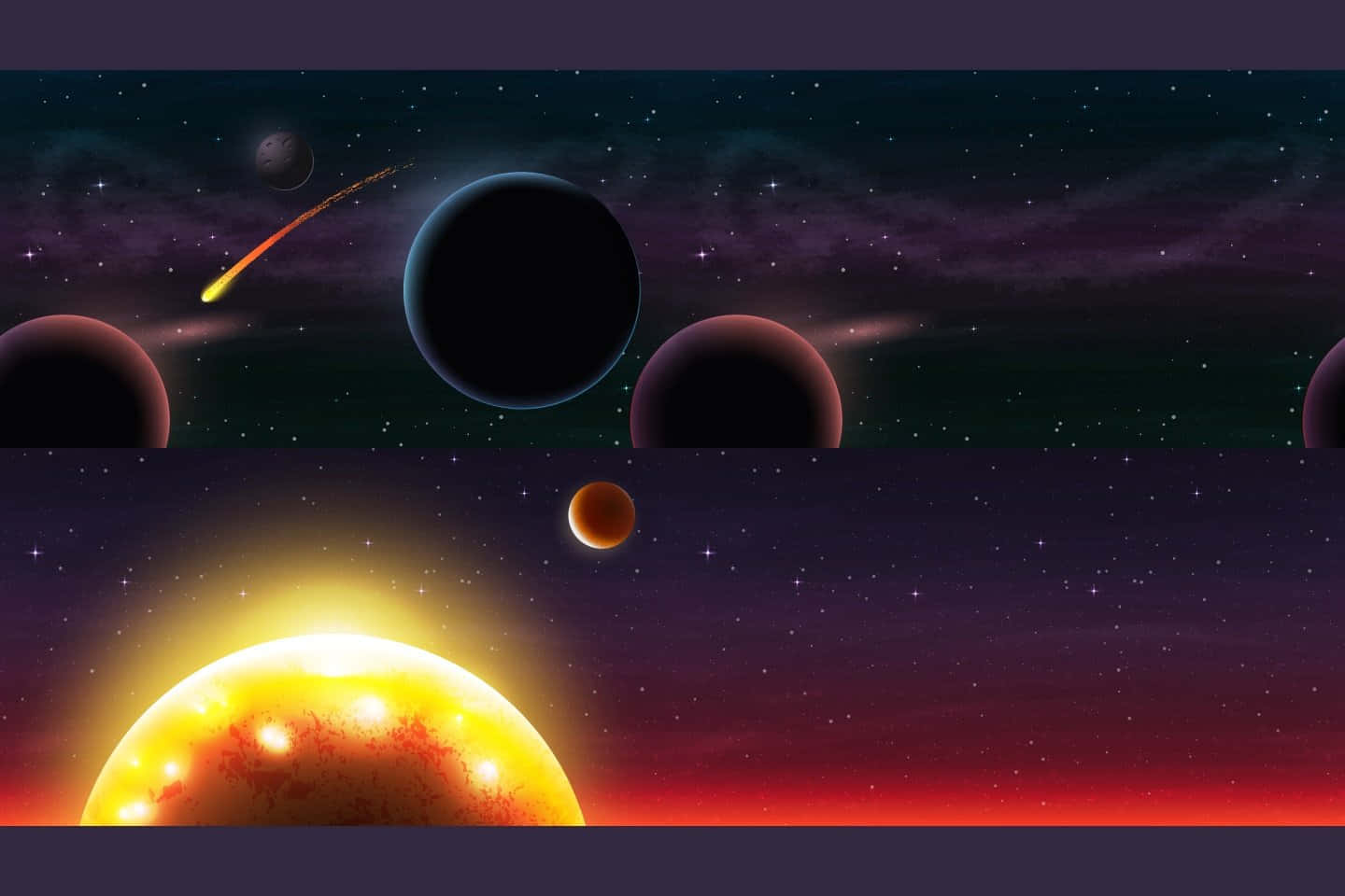 Parallax 桌布 壁紙 — 充滿活力的宇宙場景，有發光的太陽、軌道行星和劃過星空紫紅色天空的彗星。