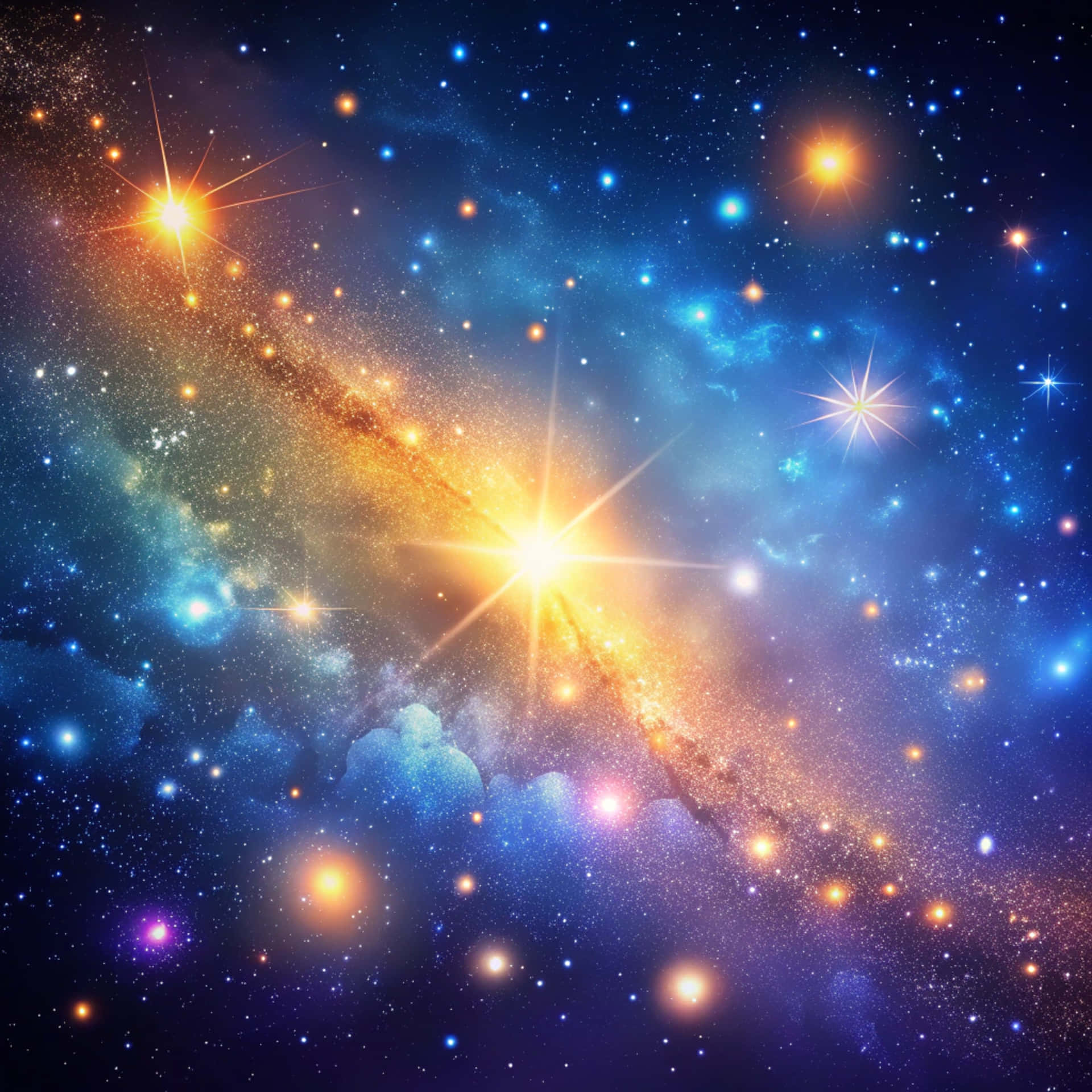 Space background 壁紙 — 充滿活力的宇宙場景，有發光的星星和旋轉的星雲，呈現深藍、紫色和金色色調。