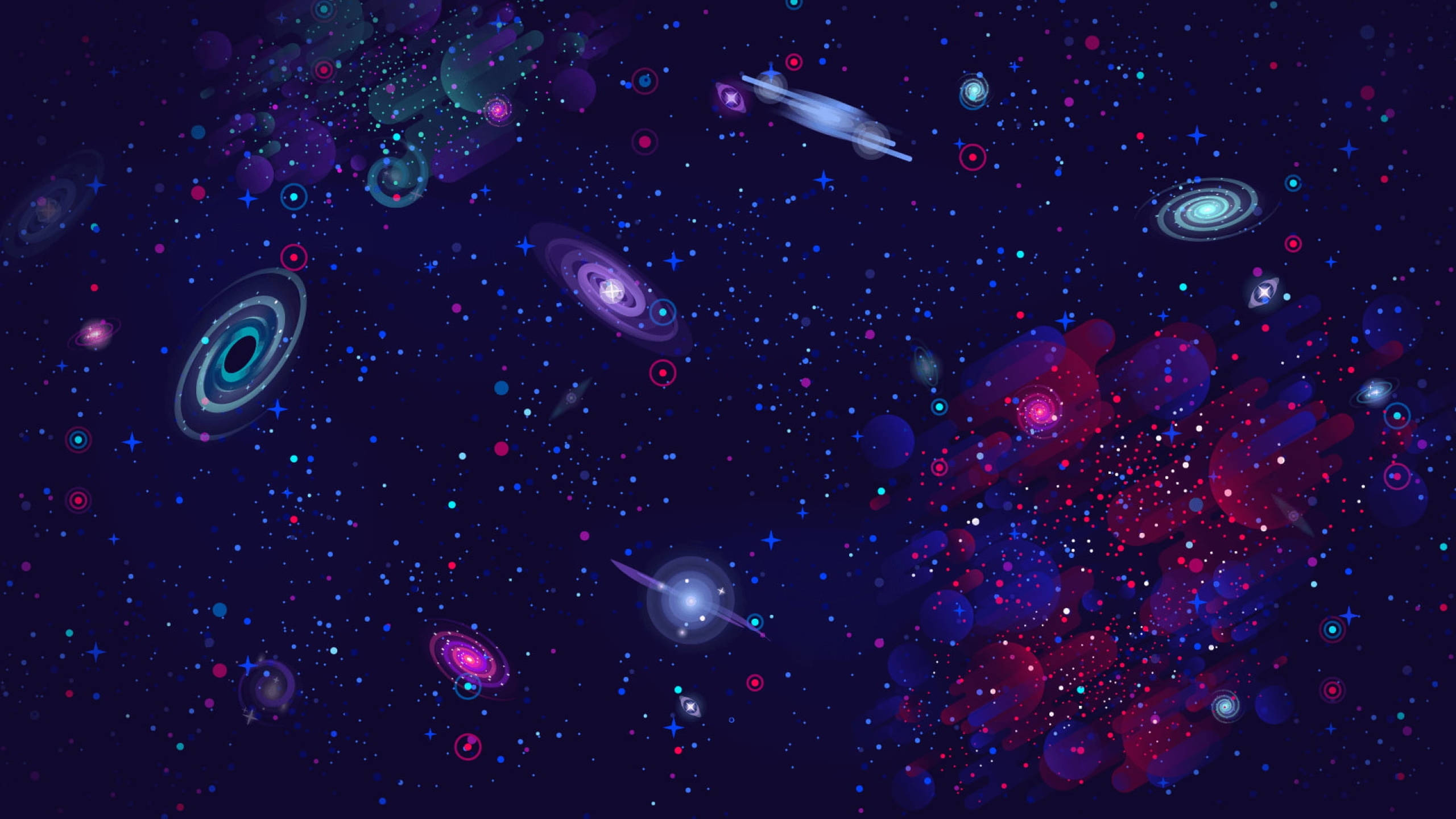 宇宙 桌布 壁紙 — 充滿活力的宇宙場景，發光的星系、星雲和星星在深紫色夜空中閃耀。