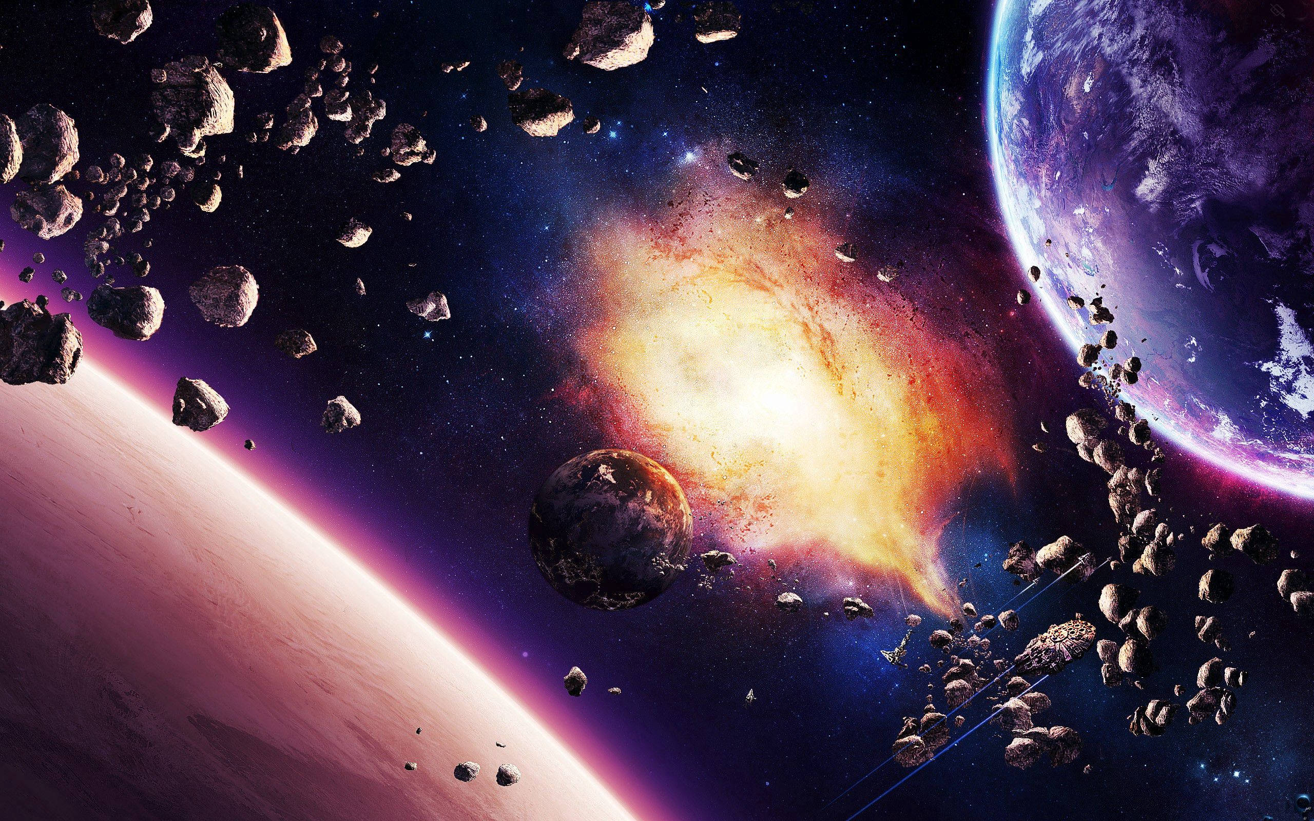 太空 桌布 壁紙 — 充滿活力的宇宙場景，發光的星雲、小行星和行星漂浮在深空中。