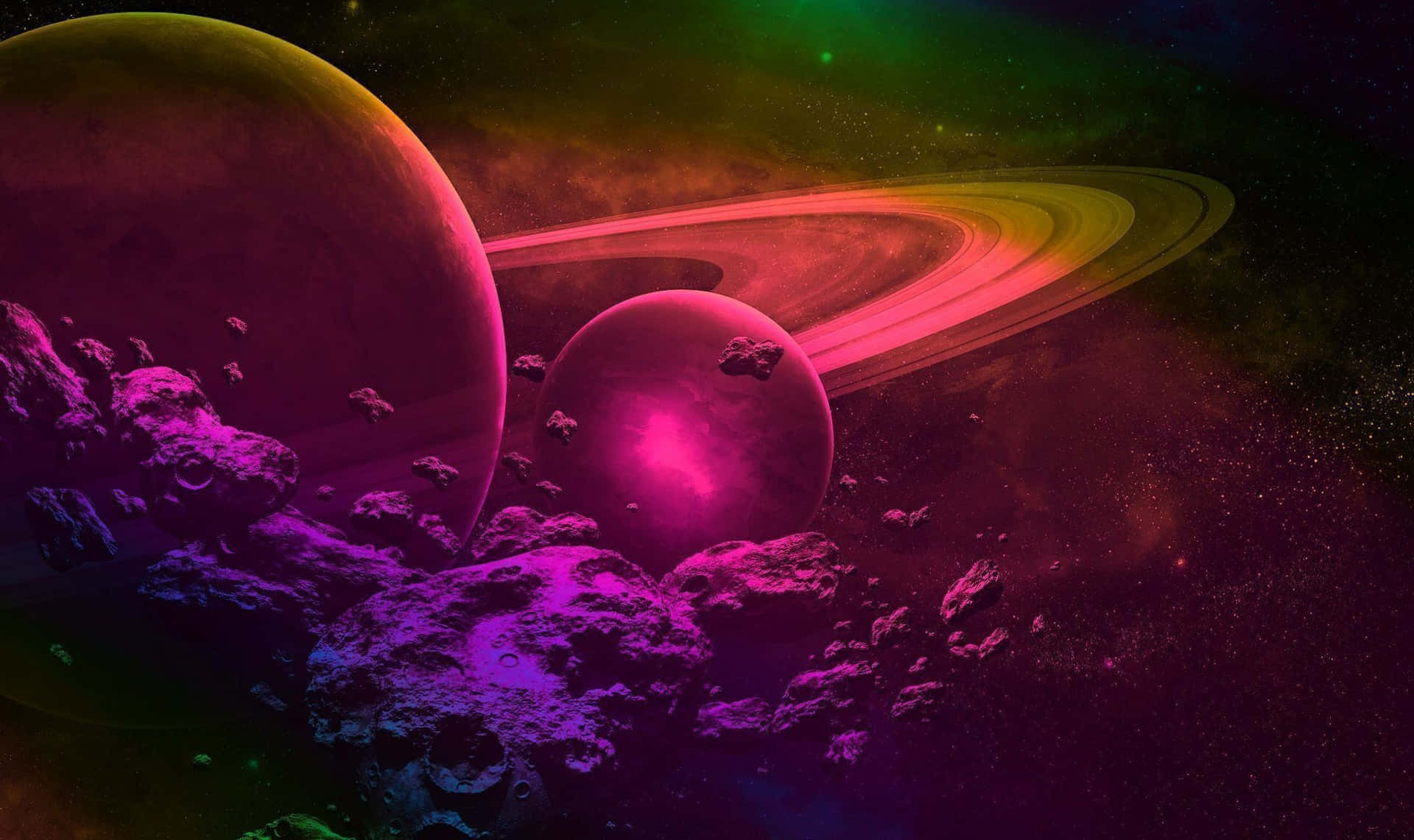 桌布 壁紙 — 充滿活力的宇宙場景，發光的粉紅色和紫色行星被色彩繽紛的光環和漂浮的小行星環繞，背景是繁星點點的星雲。