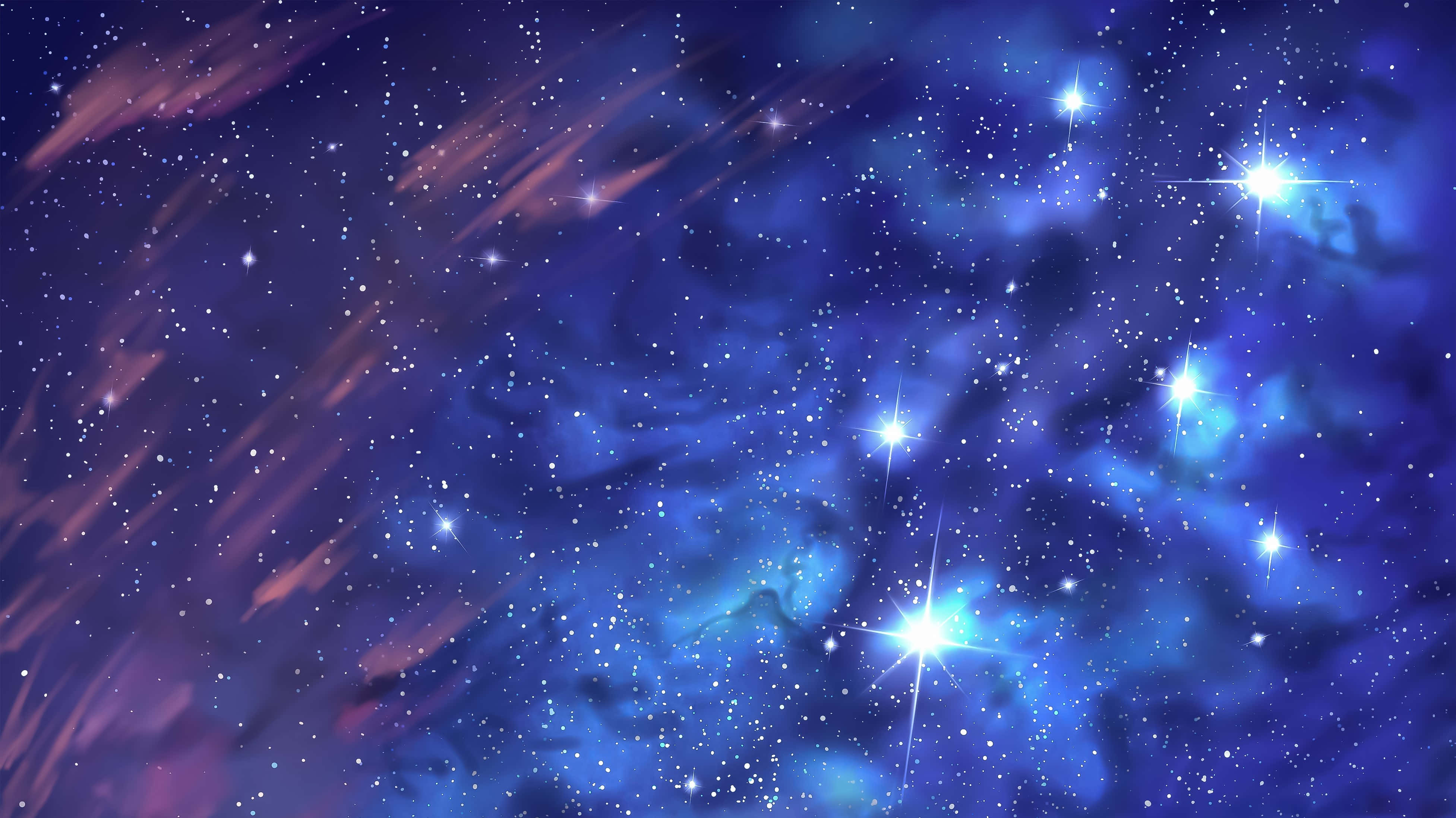 Starry 桌布 壁紙 — 充滿活力的宇宙場景，發光的藍色和紫色星雲圍繞著閃爍的明亮星星旋轉。