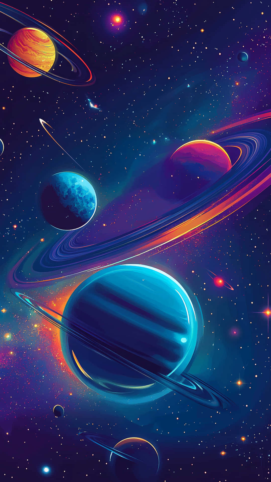 Blue Background with galaxy background 壁紙 — 充滿活力的宇宙場景，發光的行星和環在深紫色和藍色的星場中旋轉。
