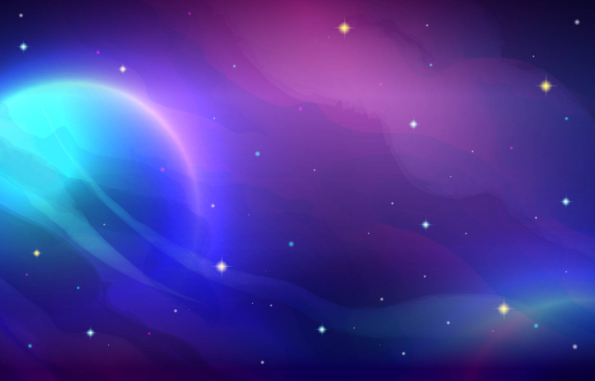 太空 桌布 壁紙 — 充滿活力的宇宙場景，紫色和藍色的星雲旋轉，散發著金色的星星。