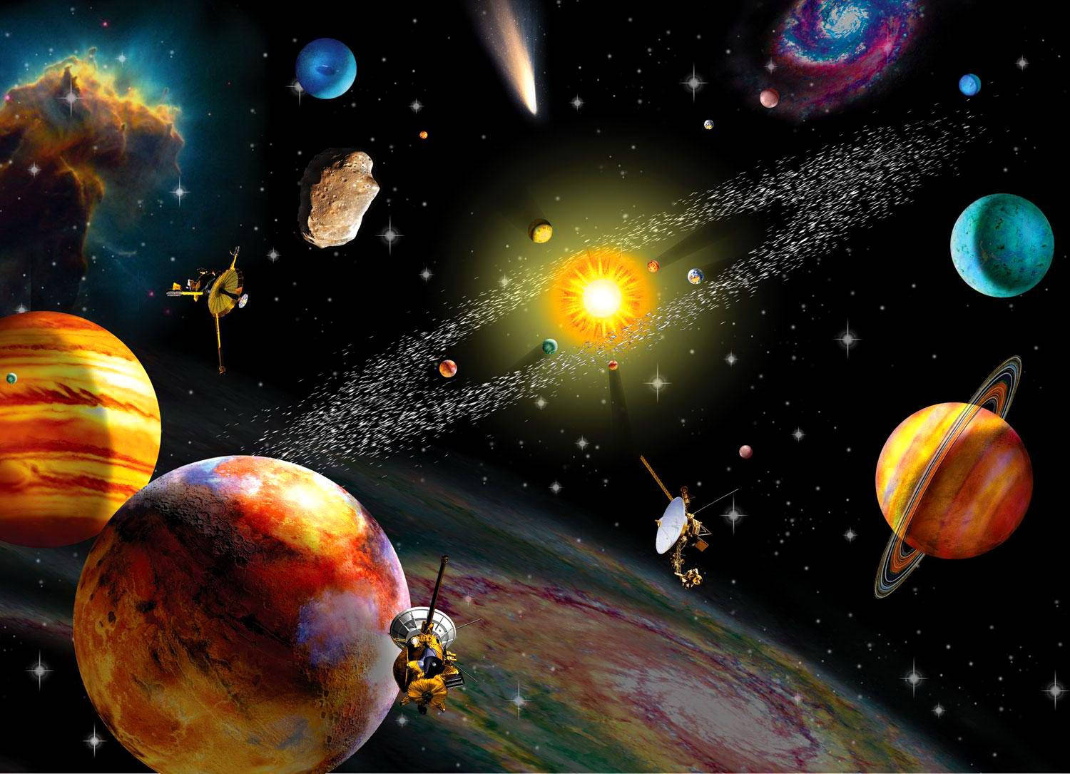 太陽系 桌布 壁紙 — 充滿活力的宇宙場景，色彩繽紛的行星、衛星和明亮的太陽，背景是星空。