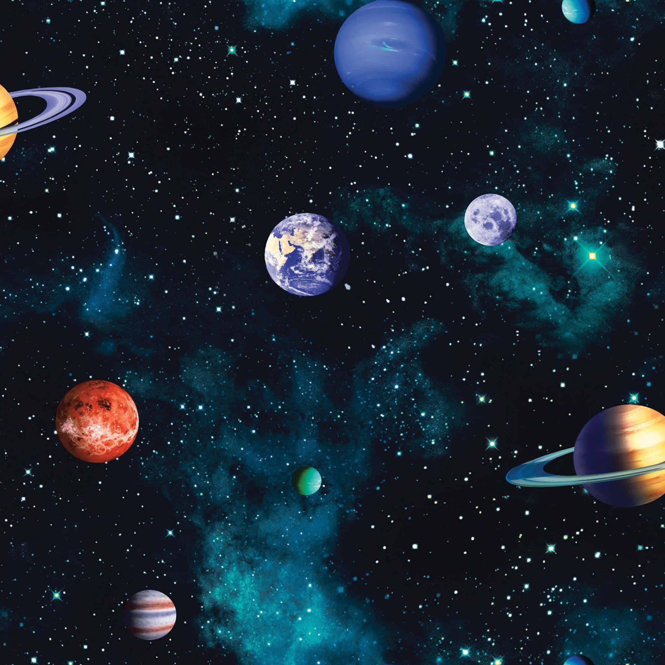 3d Space 桌布 壁紙 — 充滿活力的宇宙場景，行星、星雲和恆星在深空黑暗背景中漂浮。