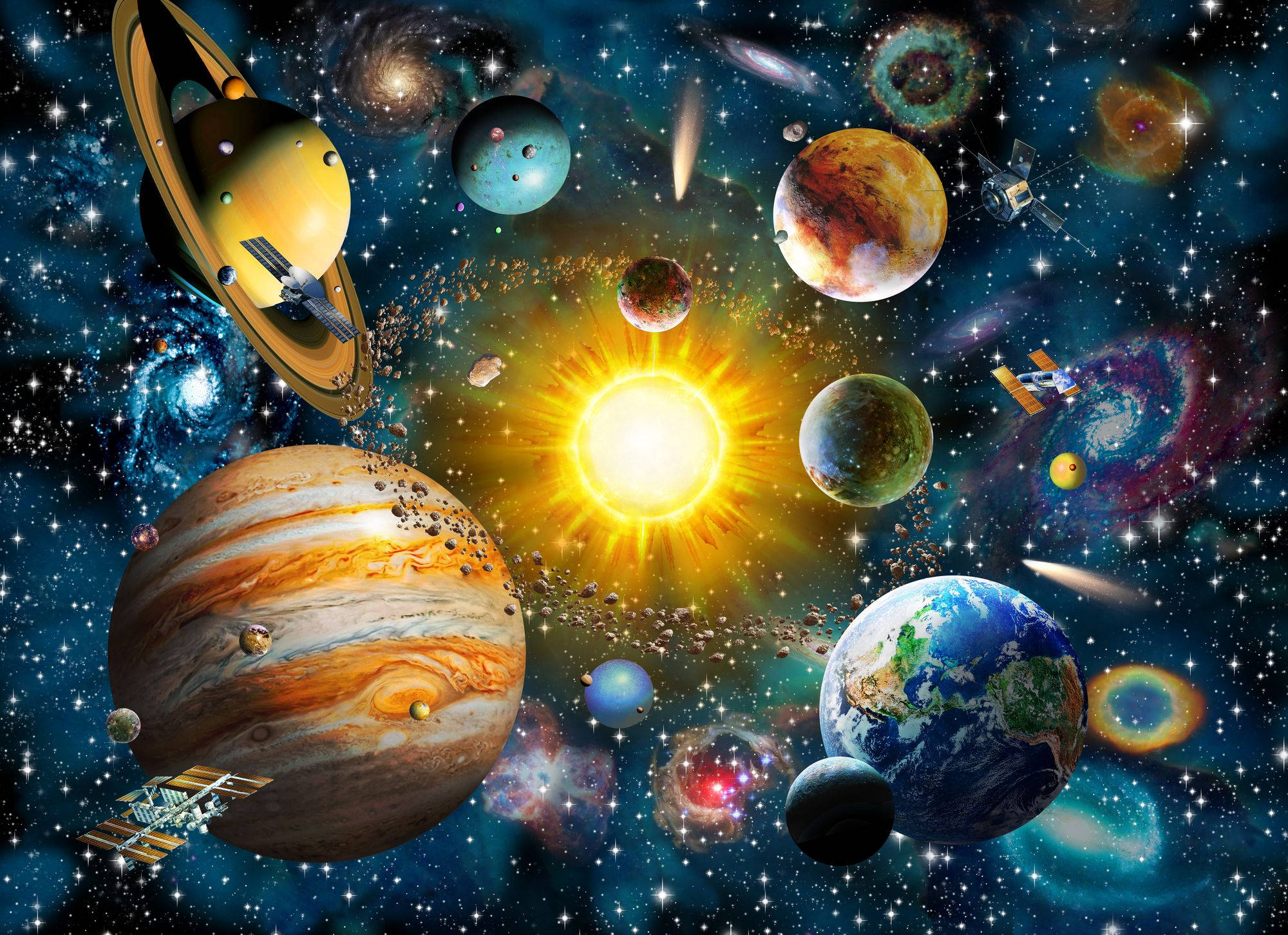 太陽系 桌布 壁紙 — 充滿活力的宇宙場景，行星、衛星和恆星圍繞著光芒四射的太陽旋轉。