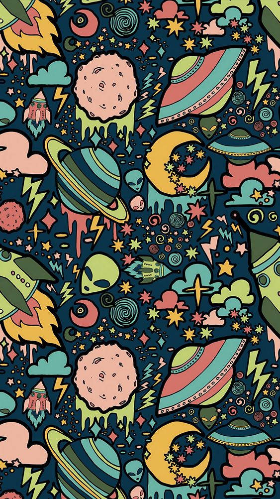 Cool Alien 桌布 壁紙 — 充滿活力的宇宙塗鴉圖案，包含外星人、火箭、行星和星星，背景為深藍色。