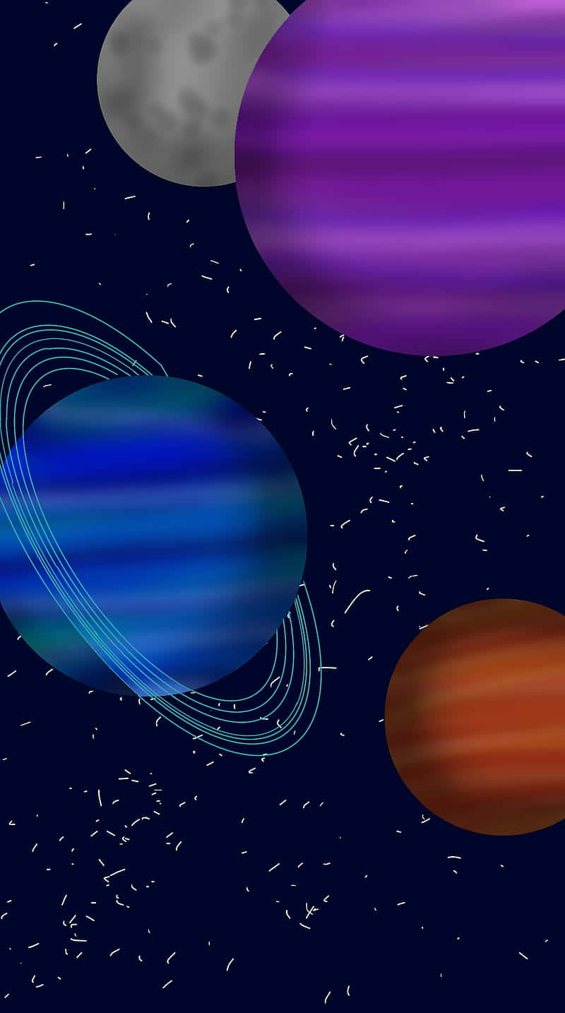 手機 桌布 壁紙 — 充滿活力的宇宙壁紙，以風格化的行星、環和月亮為特色，背景是繁星點點的深藍色夜空。