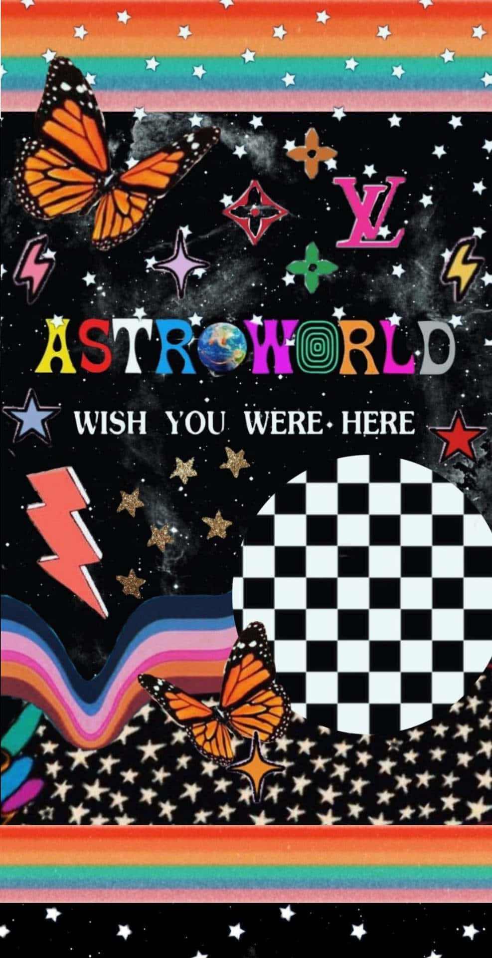 Playboy Aesthetic 桌布 壁紙 — 充滿活力的宇宙壁紙，蝴蝶、閃電、星星和彩虹條紋點綴在黑色星空背景上。