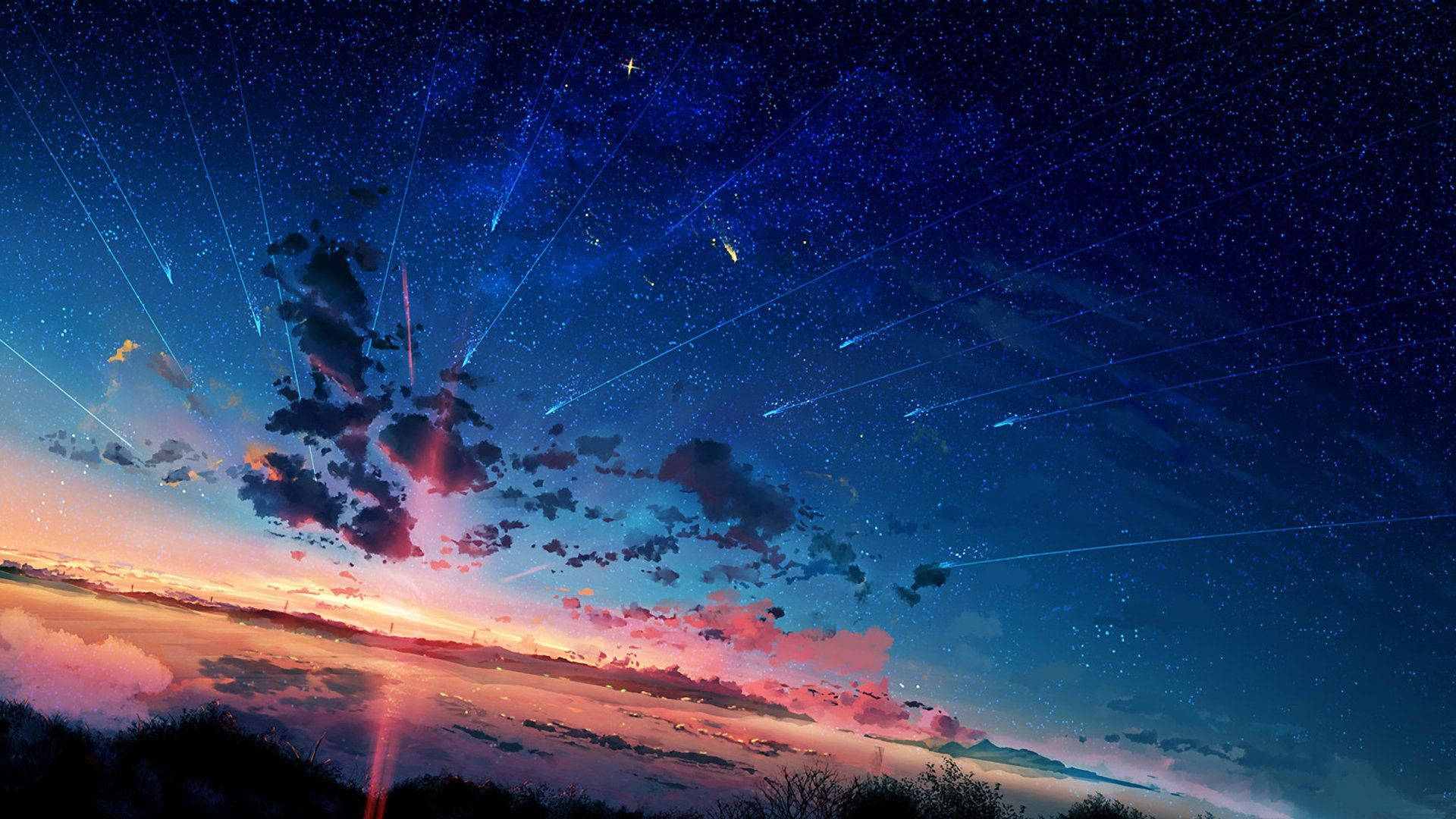 夜空 桌布 壁紙 — 充滿活力的宇宙天空，流星劃過，星星閃耀，在色彩繽紛的暮色地平線之上。