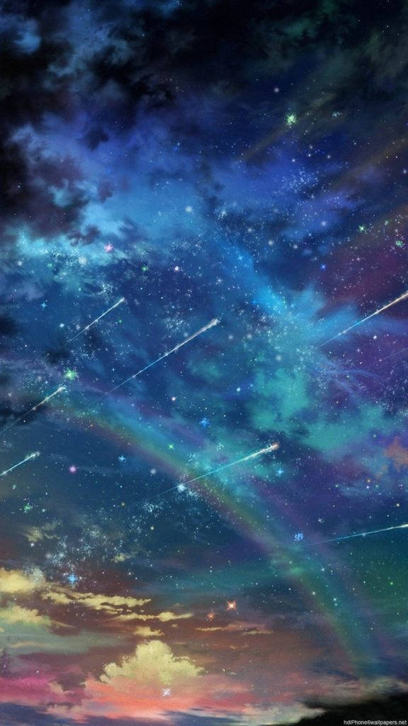 太空 iPhone 桌布 壁紙 — 充滿活力的宇宙天空，流星劃過，發光的星雲融入色彩繽紛的日落地平線。