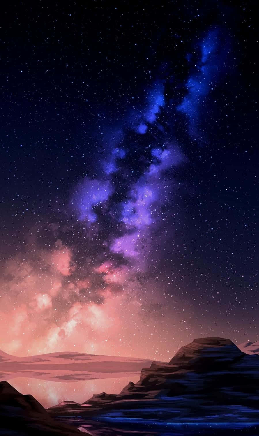 Starry Sky 桌布 壁紙 — 充滿活力的宇宙天空，紫色和粉紅色的星雲條紋在星野下的沙漠山脈剪影之上。