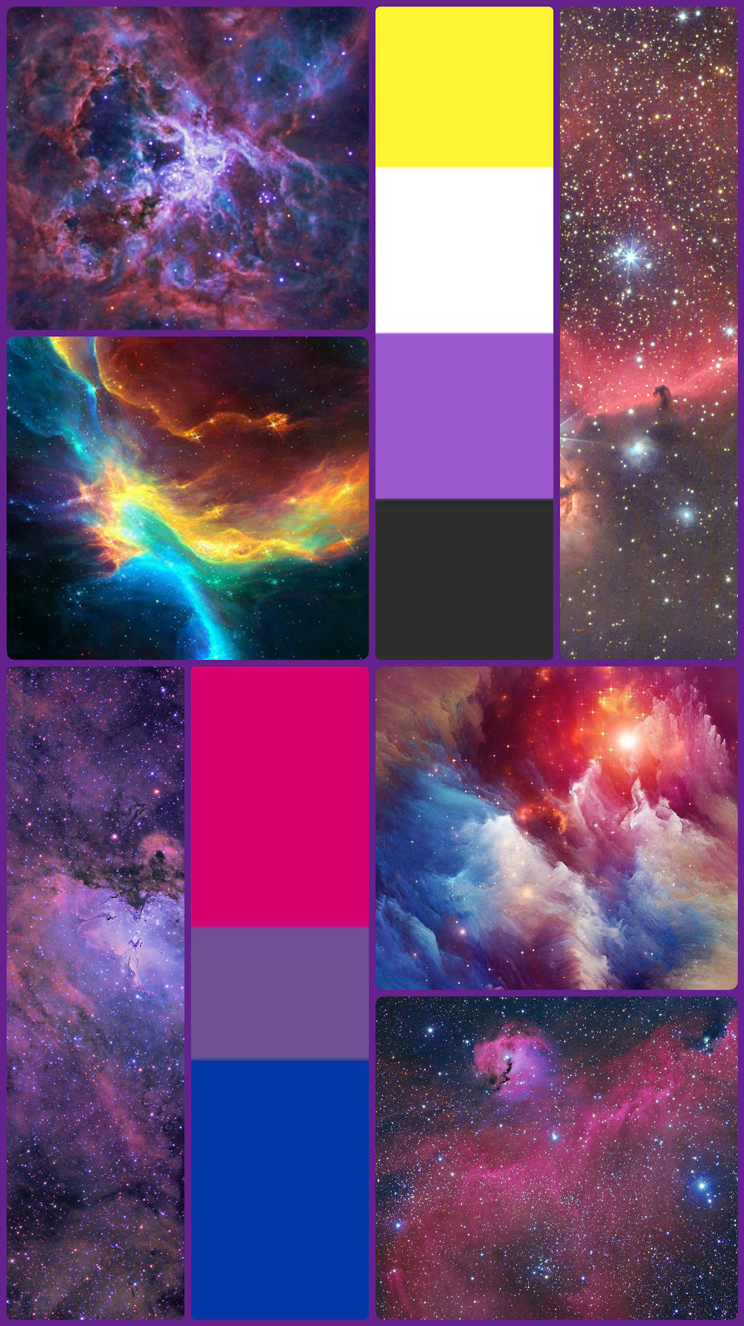 LGBT 桌布 壁紙 — 充滿活力的宇宙拼貼，以鮮豔的星雲和星場搭配大膽的幾何色塊。