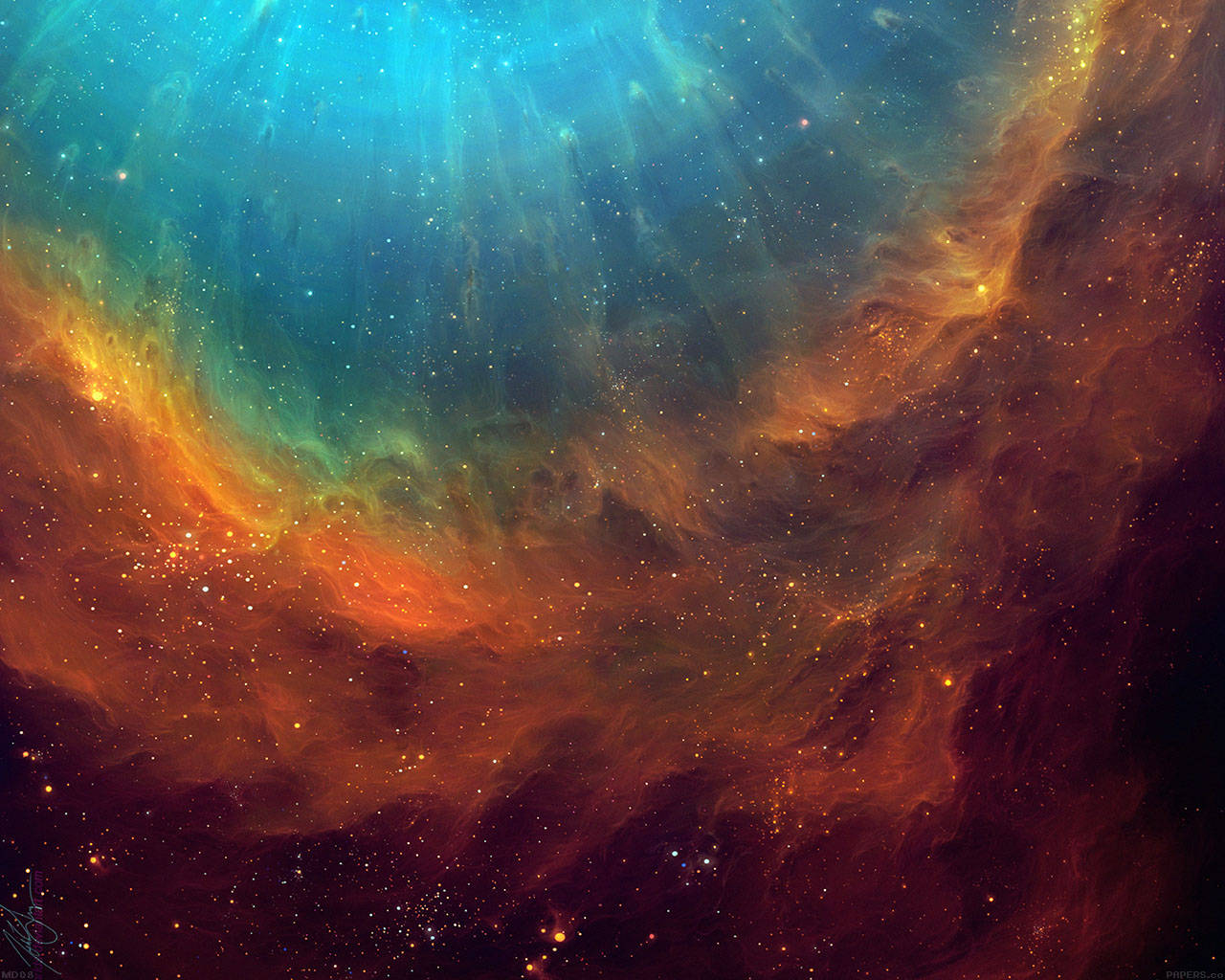 Stars 桌布 壁紙 — 充滿活力的宇宙星雲，以火熱的橙色和清涼的藍綠色旋轉，在黑暗虛空中閃耀著星星。