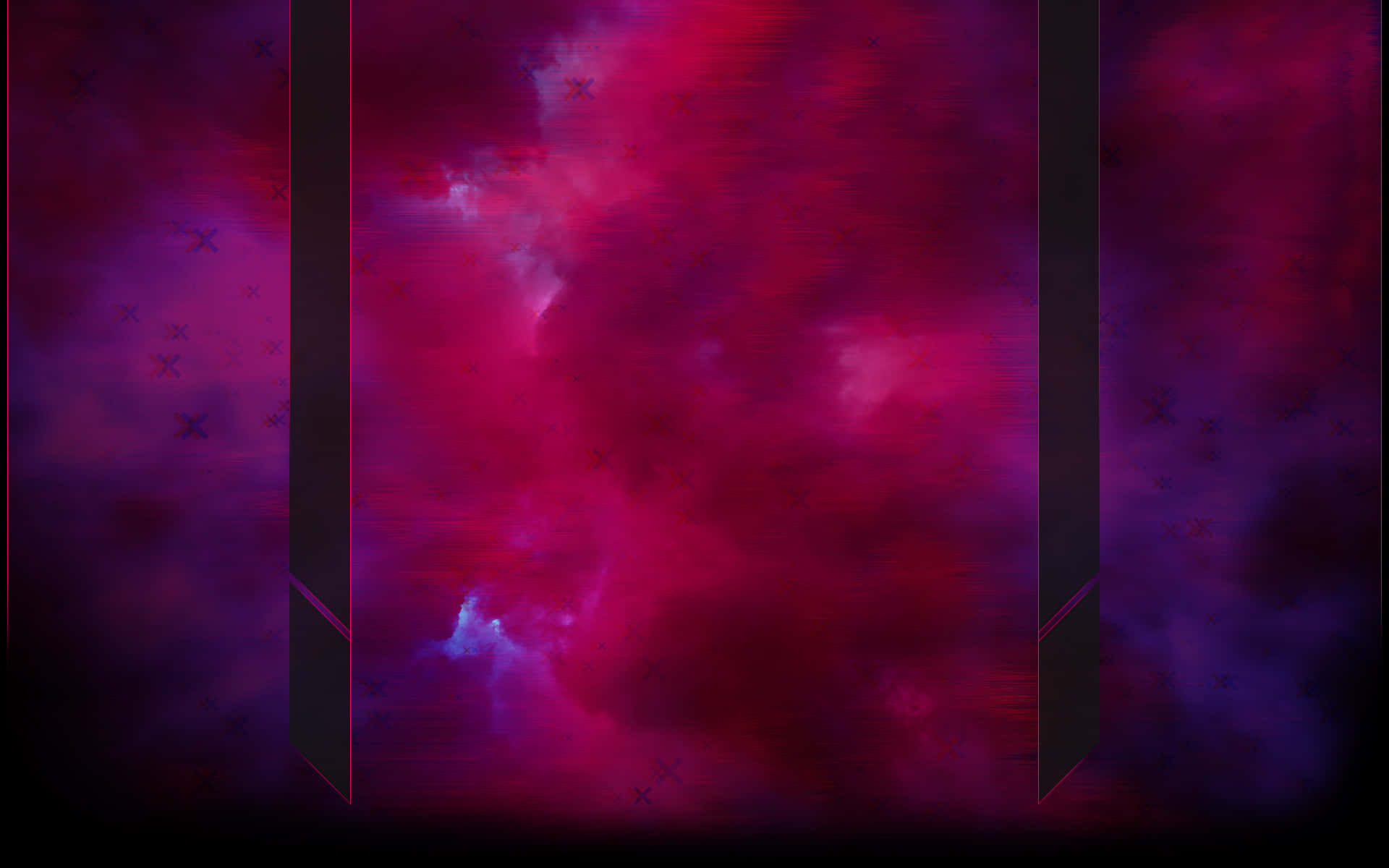 蒸氣龐克 桌布 壁紙 — 充滿活力的宇宙星雲，呈現洋紅色和紫色色調，由帶有微妙星形圖案的深色垂直面板框住。