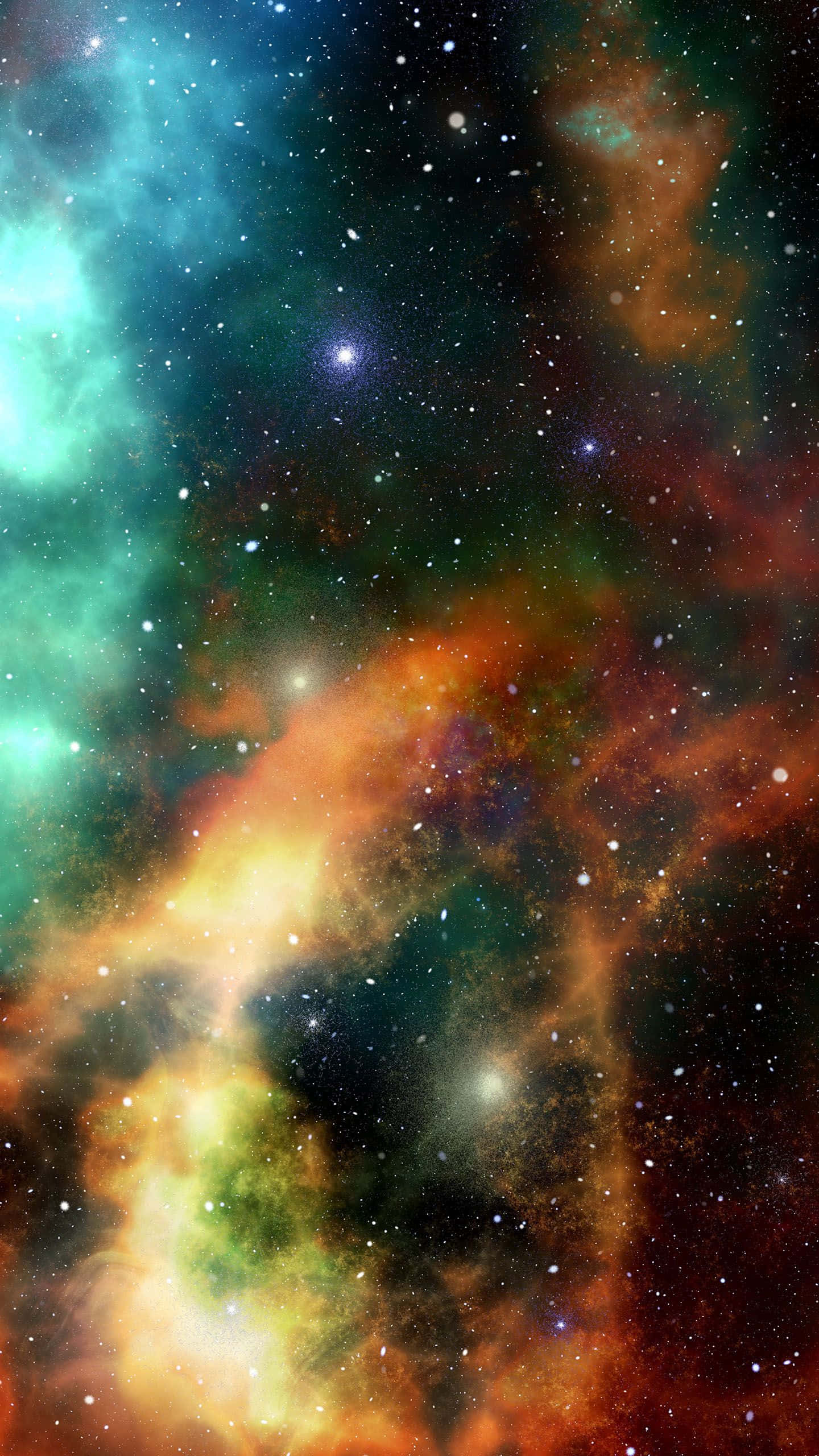 桌布 壁紙 — 充滿活力的宇宙星雲，在星空背景下有漩渦狀的青色、橙色和黃色雲層。