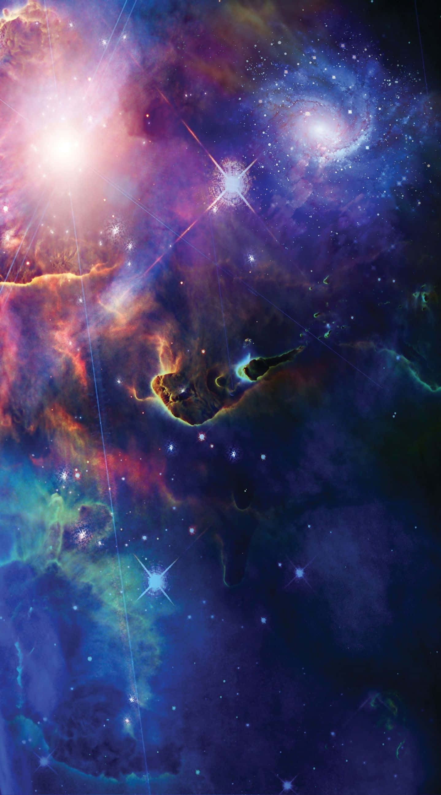 太空 桌布 壁紙 — 充滿活力的宇宙星雲，在深空中閃爍著星星和旋轉的紫色、橙色、藍色雲層。
