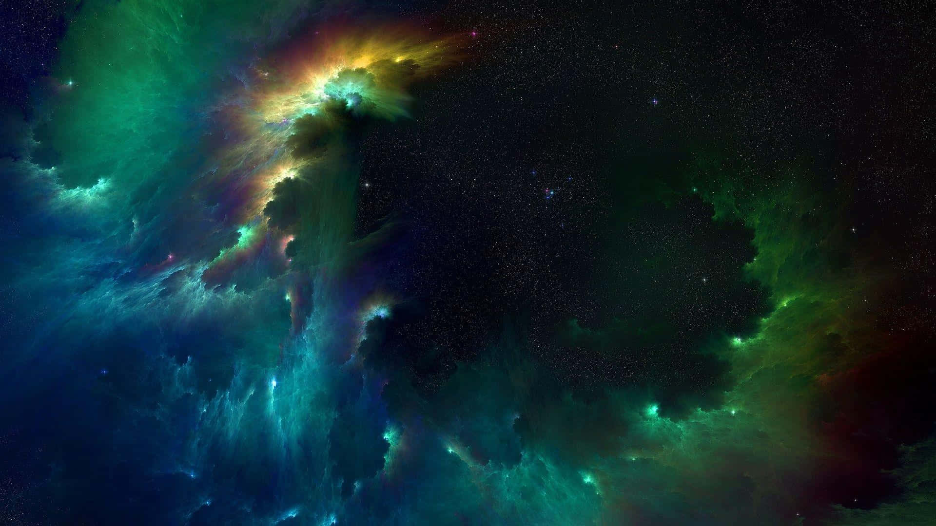 桌布 壁紙 — 充滿活力的宇宙星雲，在繁星點點的黑色虛空中，有旋轉的藍綠色和金色雲彩。