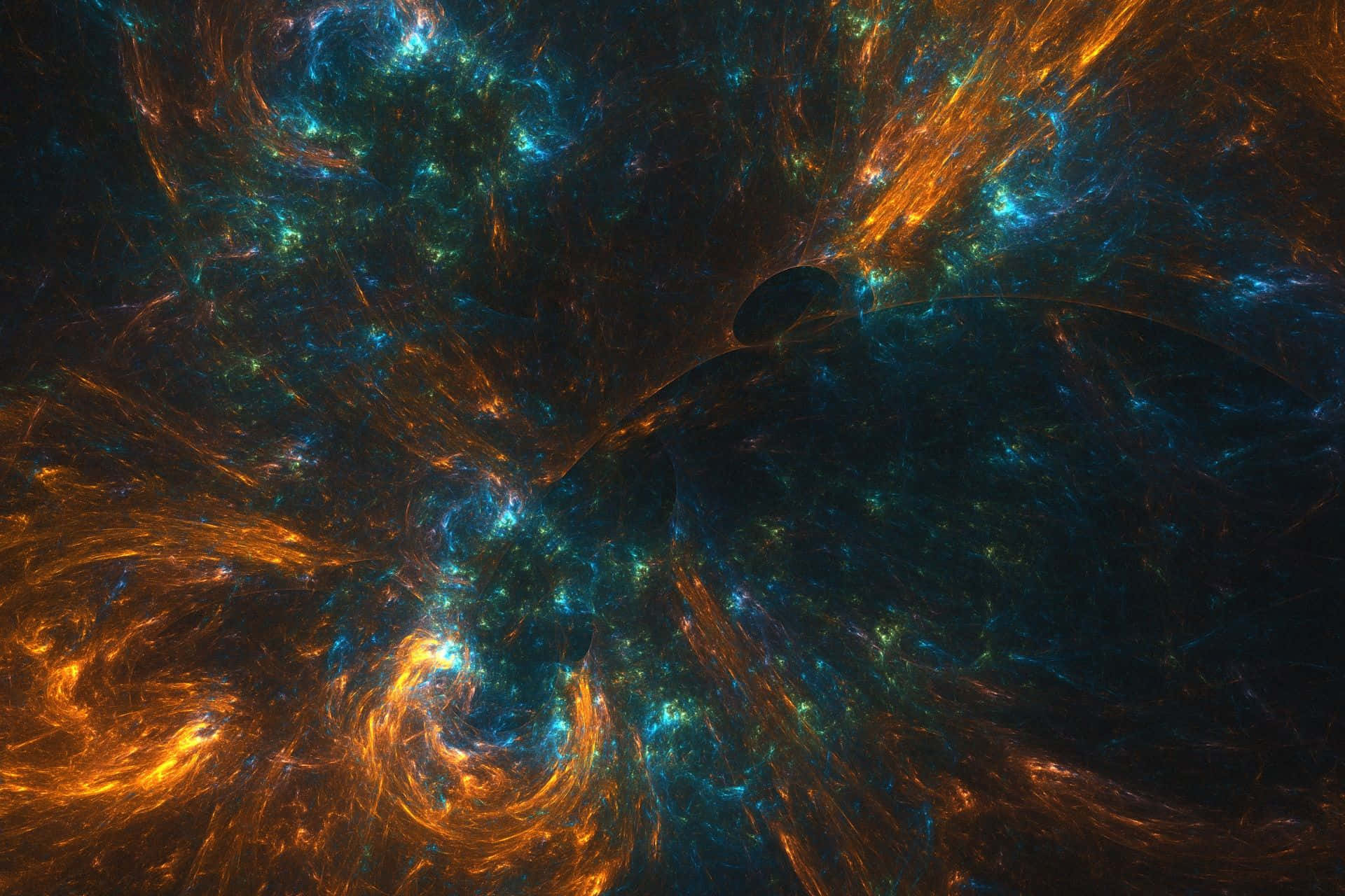 動態 桌布 壁紙 — 充滿活力的宇宙星雲，帶有旋轉的橙色和藍綠色氣體，由遙遠的恆星照亮，背景是黑暗虛空。