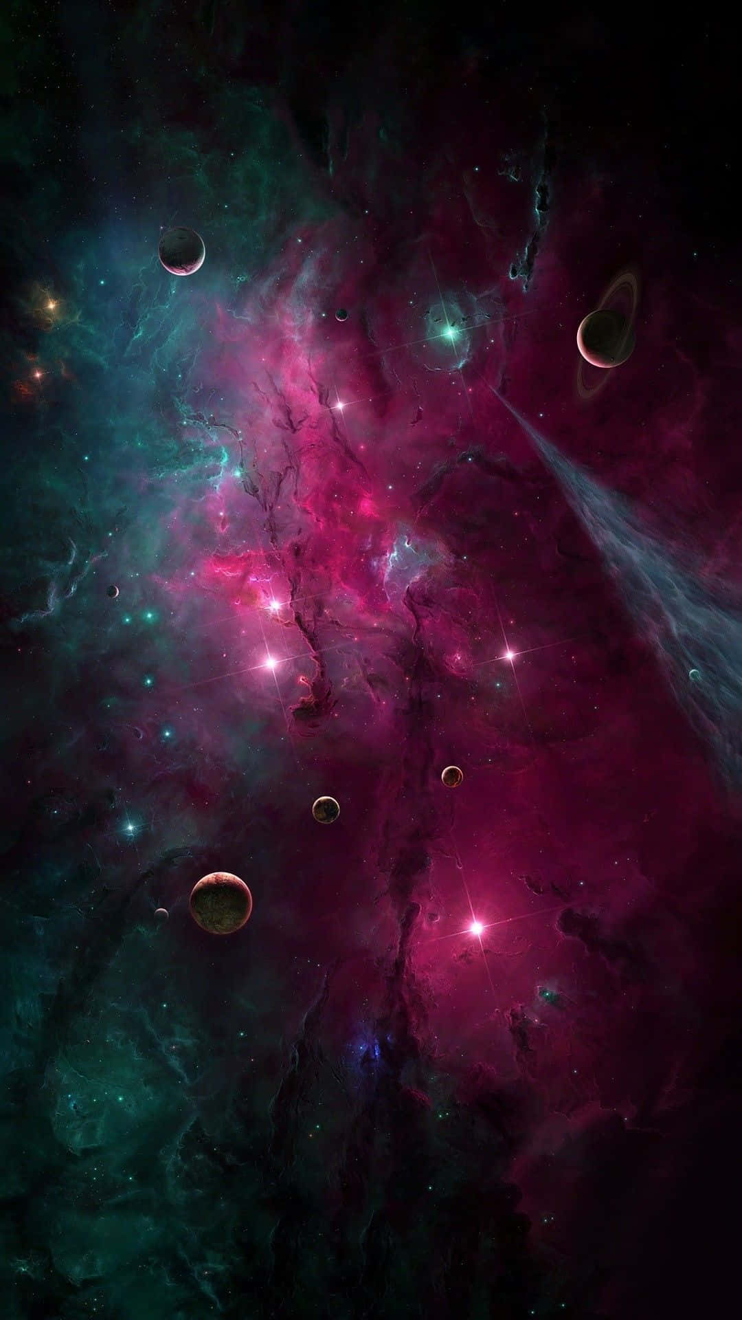 魔法動圖 桌布 壁紙 — 充滿活力的宇宙星雲，帶有旋轉的洋紅色和藍綠色雲彩，在漂浮的行星和閃爍的星星周圍發光。