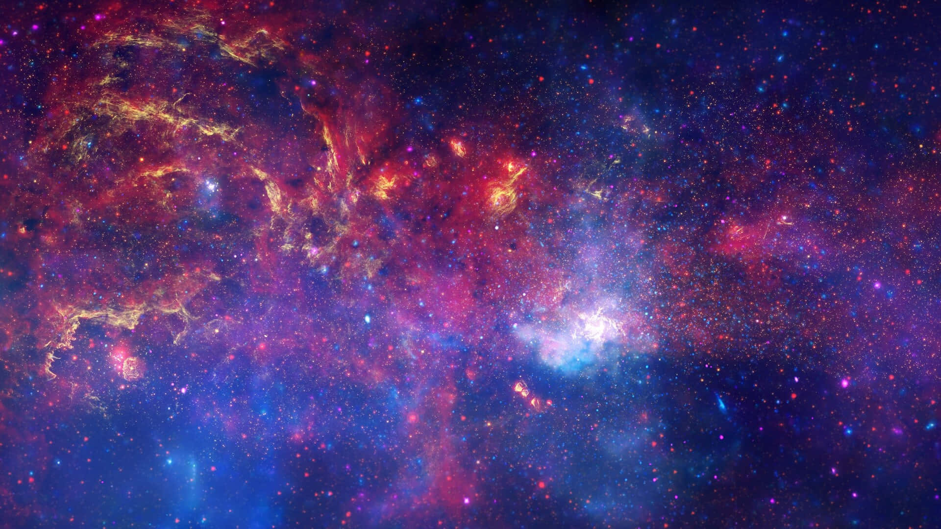 Deep Space HD 桌布 壁紙 — 充滿活力的宇宙星雲，帶有旋轉的紅色、紫色和藍色，點綴著發光的星星，背景是深邃的太空。