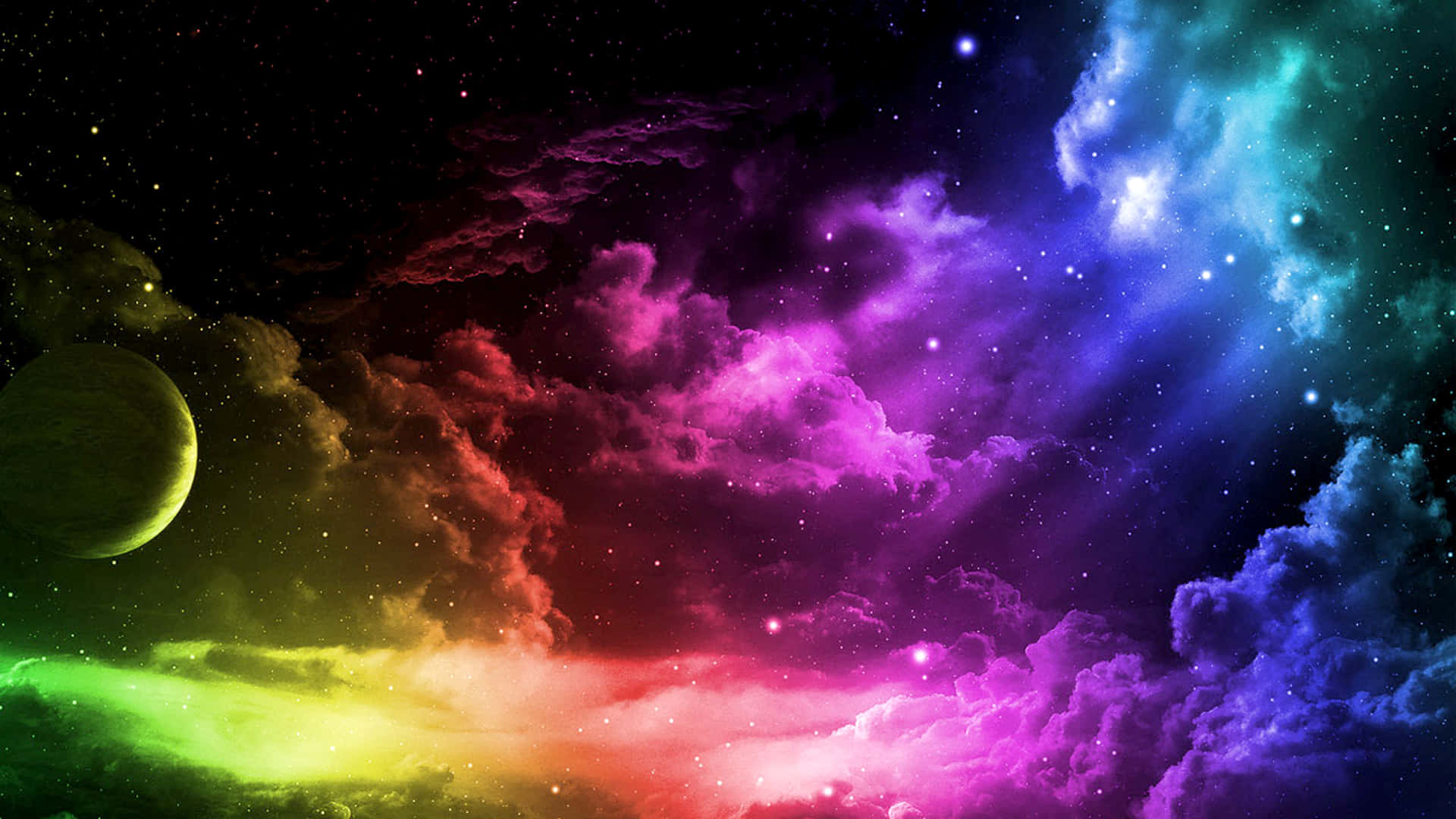 彩色動圖 桌布 壁紙 — 充滿活力的宇宙星雲，帶有旋轉的紫色、粉紅色和藍色雲彩，在星空中發光，附近有一顆綠色行星。