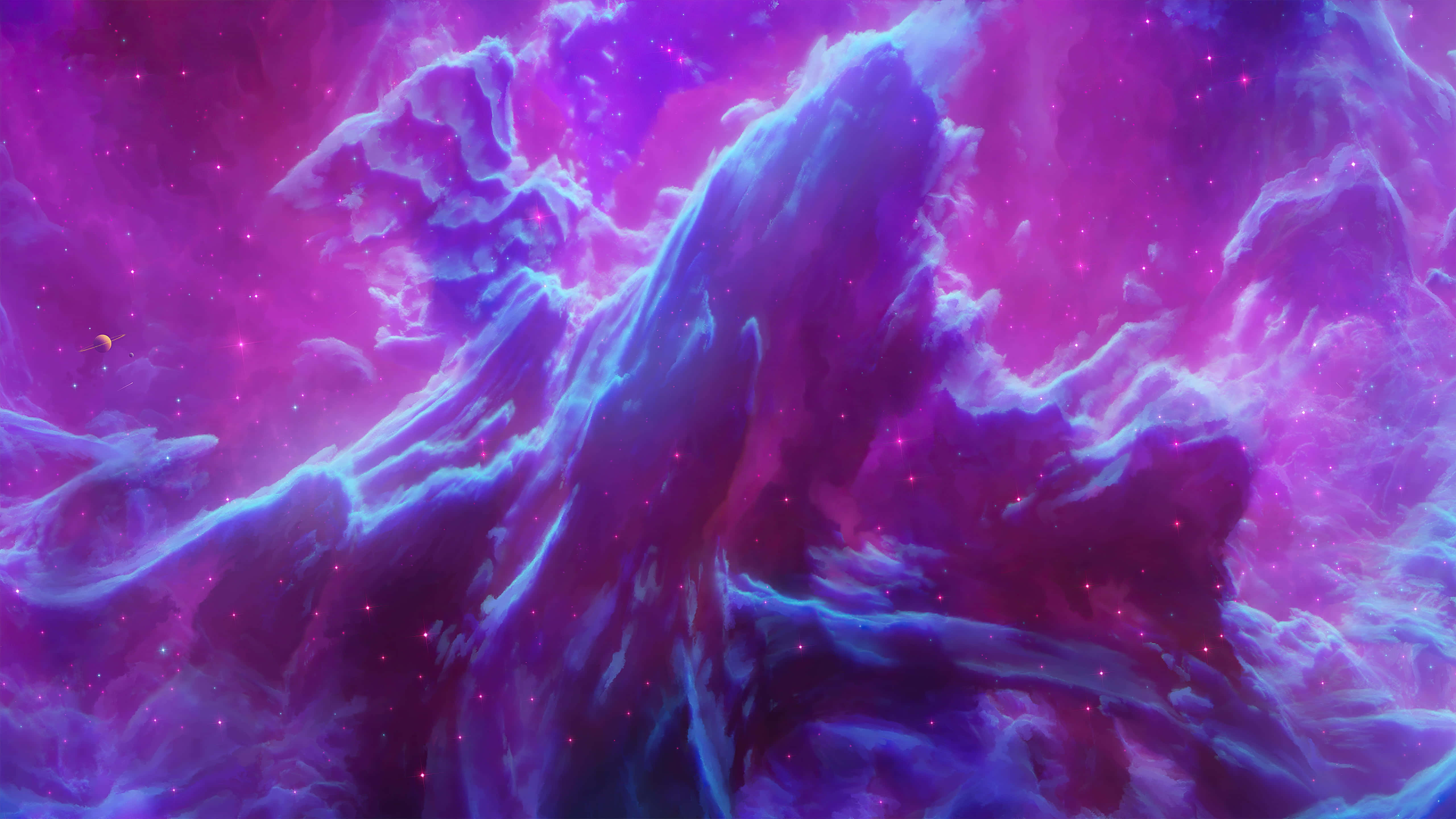 Galaxy Themed Paintings 桌布 壁紙 — 充滿活力的宇宙星雲，帶有旋轉的紫色和藍色雲層，由發光的星星和遙遠的行星照亮。