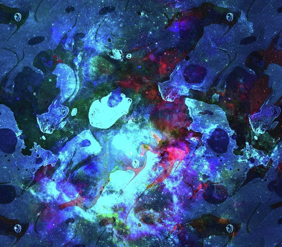 Psychedelic Grunge 桌布 壁紙 — 充滿活力的宇宙星雲，帶有旋轉的藍色、紫色和紅色，點綴著發光的星星和抽象的有機形態。