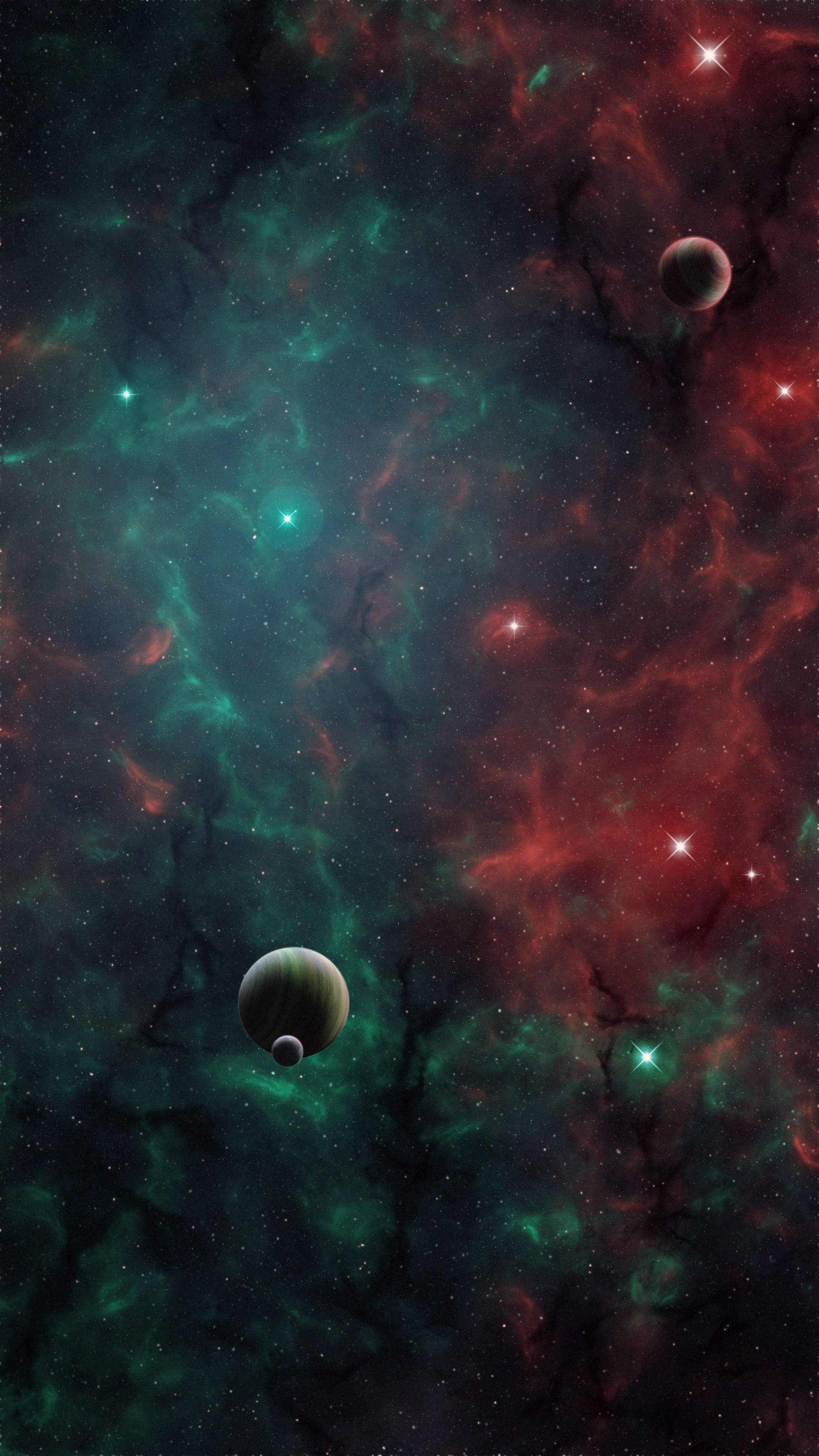 銀河 桌布 壁紙 — 充滿活力的宇宙星雲，帶有旋轉的藍綠色和深紅色雲朵，點綴著發光的星星和漂浮的行星。