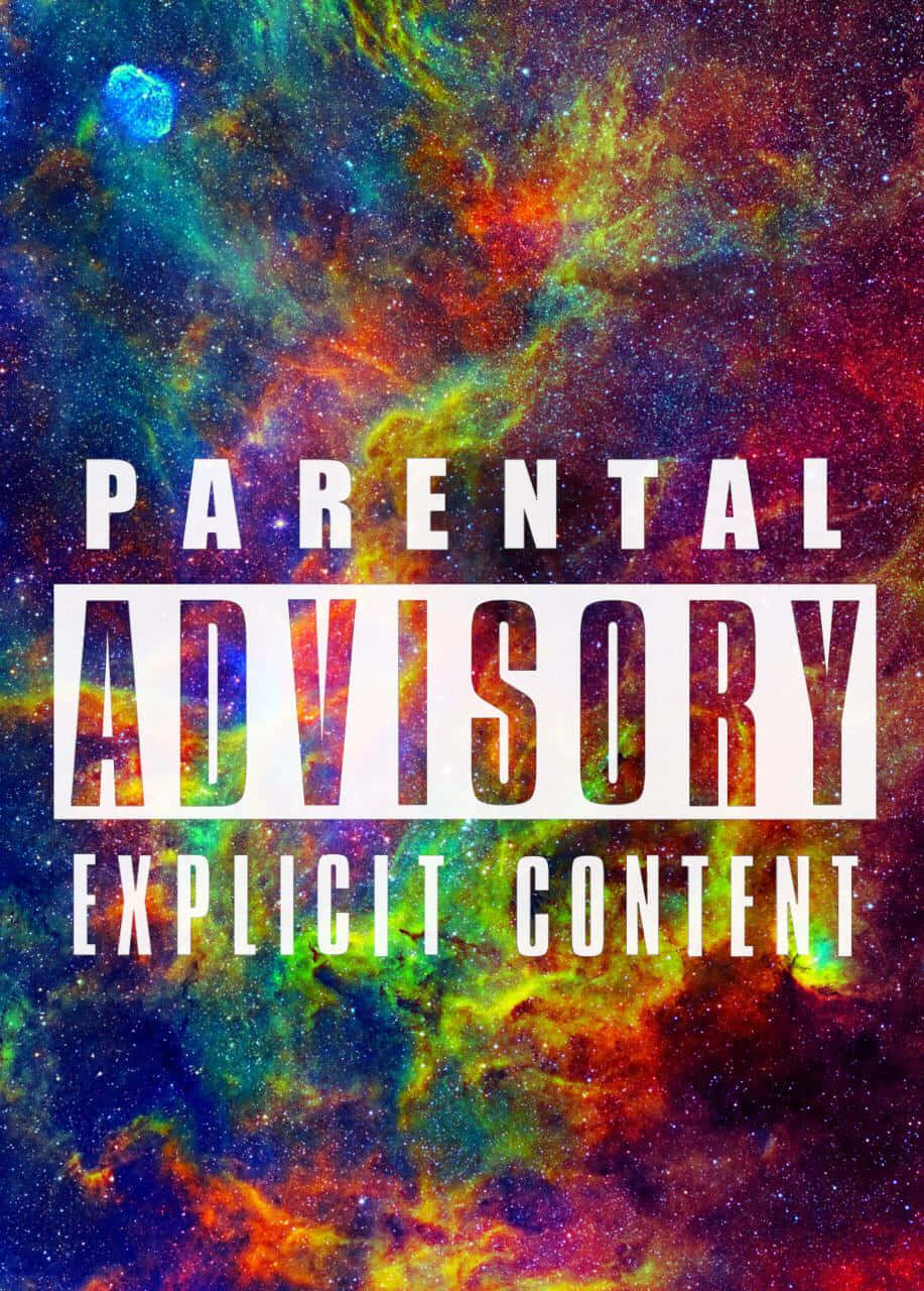 Content 桌布 壁紙 — 充滿活力的宇宙星雲，帶有旋轉的藍色、紅色和綠色，背後是粗體的家長指引文字。