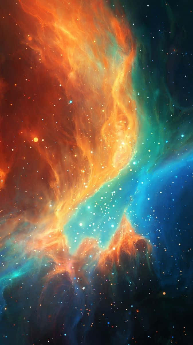 宇宙 桌布 壁紙 — 充滿活力的宇宙星雲，帶有火橙色和電光藍色的雲朵，在星空中旋轉。