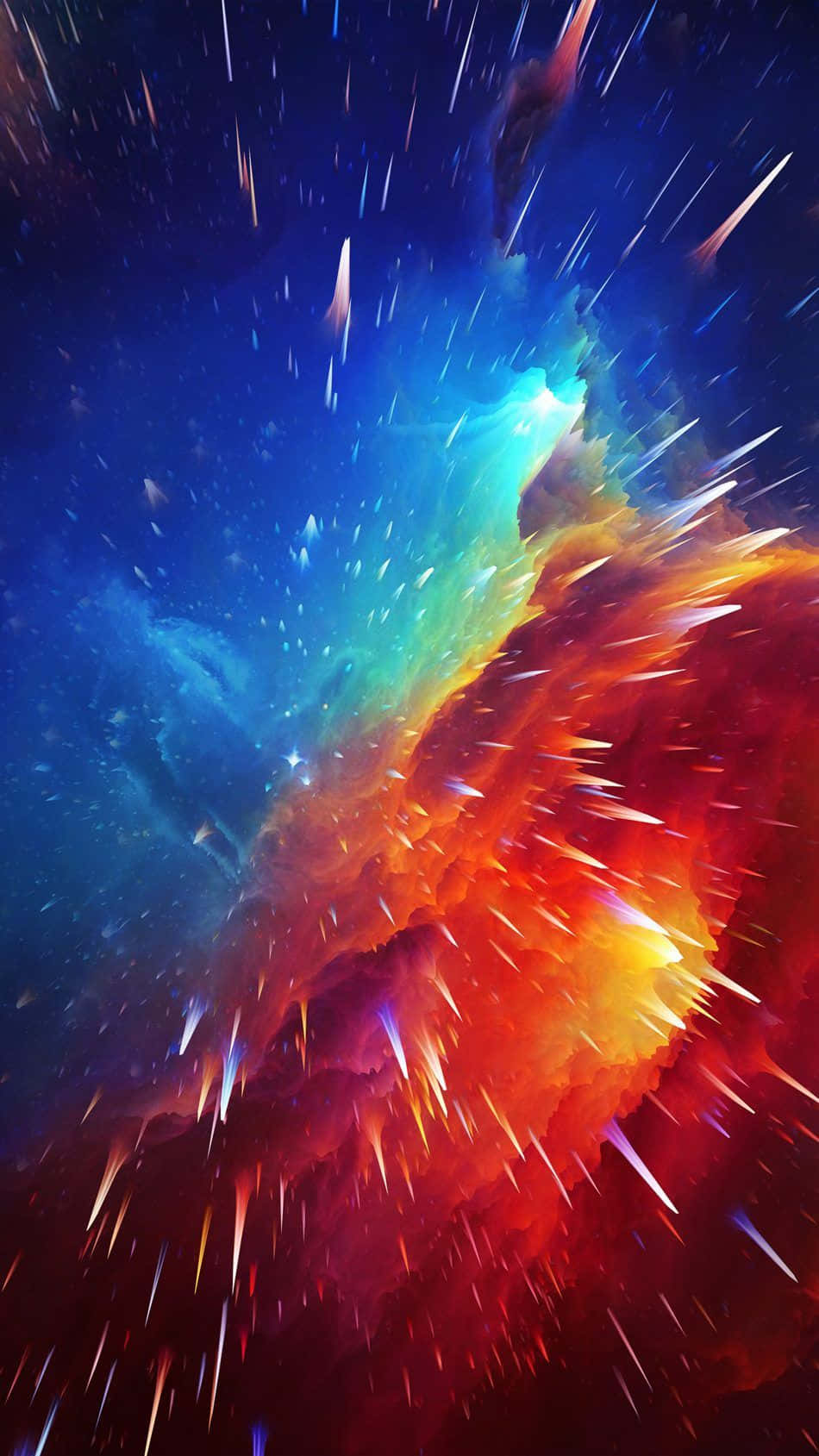 手機 桌布 壁紙 — 充滿活力的宇宙星雲，帶有火橙色和電藍色的雲層，被輻射星爆劃過，背景是深邃的太空。