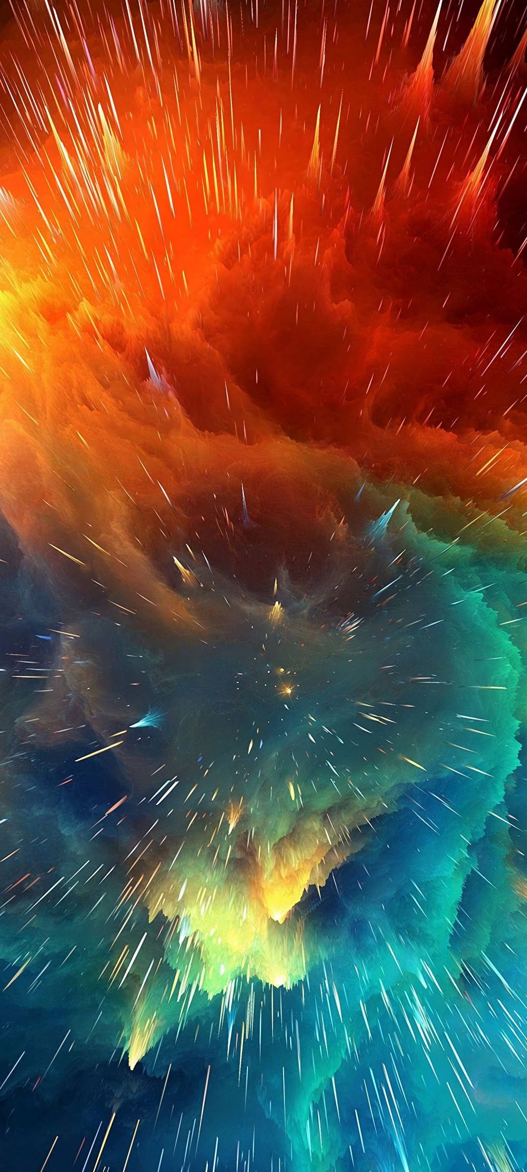 Colorful Galaxy 桌布 壁紙 — 充滿活力的宇宙星雲，帶有火熱的橙紅色和冷色調的藍綠色，散發出光線條紋。