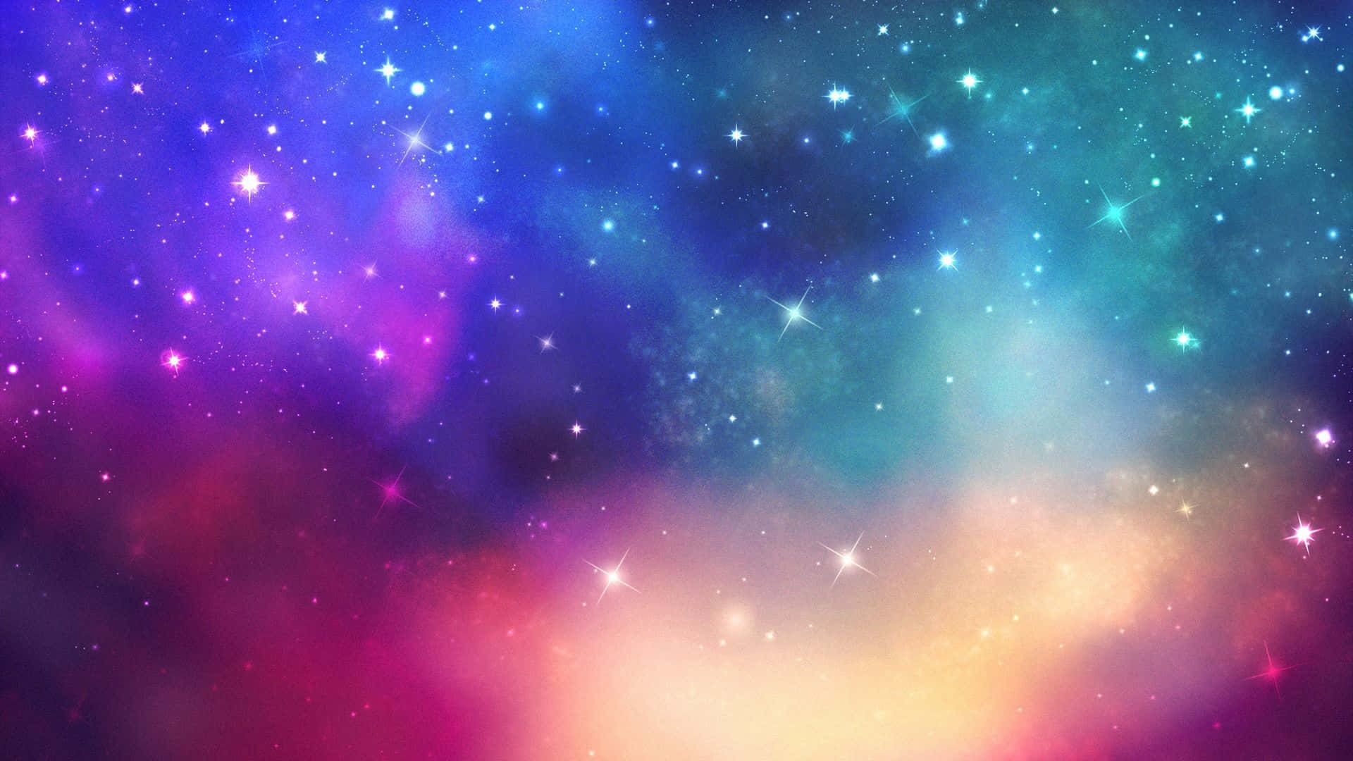 Colorful Space 桌布 壁紙 — 充滿活力的宇宙星雲，帶有發光的星星和旋轉的紫色、藍色、綠色和粉紅色雲層。