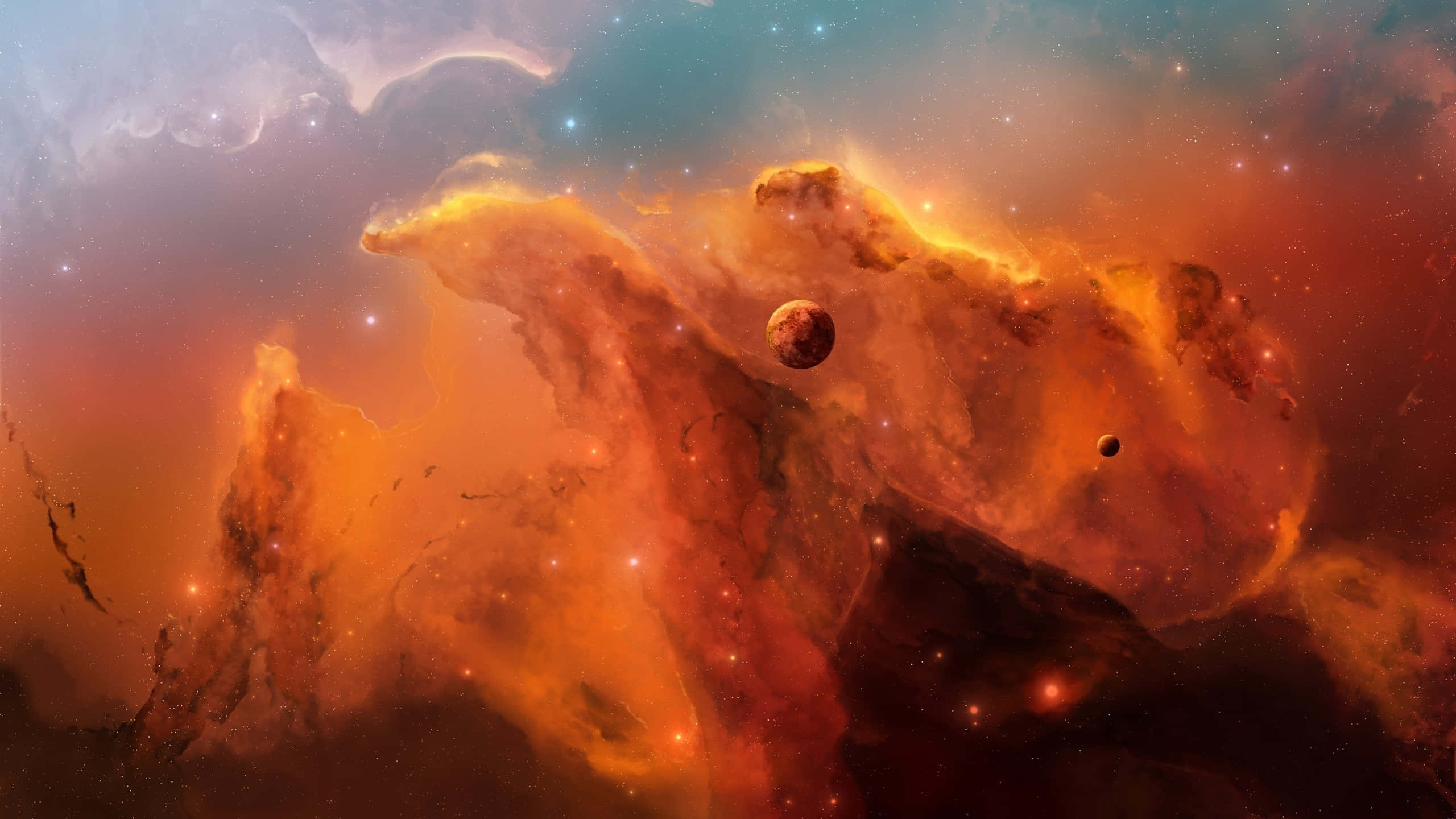 雲朵 桌布 壁紙 — 充滿活力的宇宙星雲，帶有發光的橙色雲團和兩顆行星在星空中漂流。