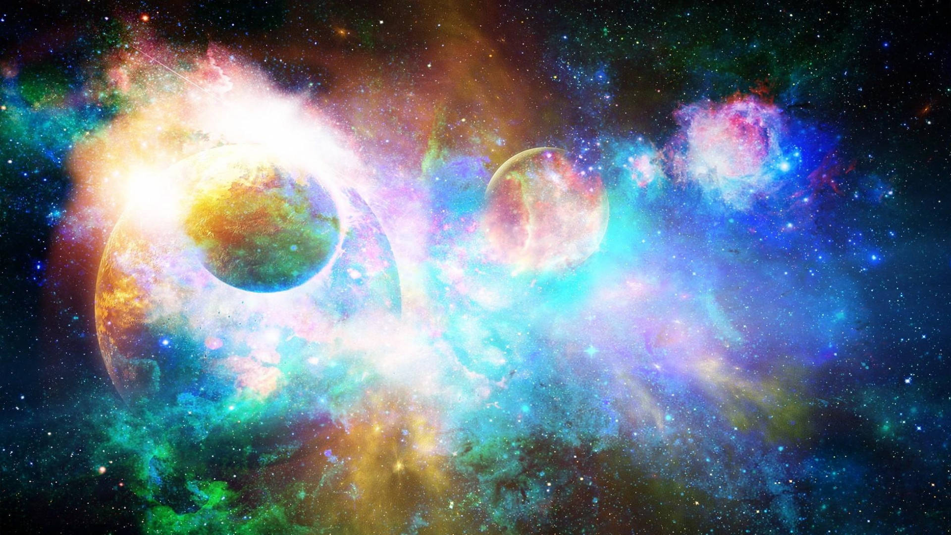 宇宙 桌布 壁紙 — 充滿活力的宇宙星雲，帶有發光的行星和漩渦星場，呈現電光藍、粉紅和金色。