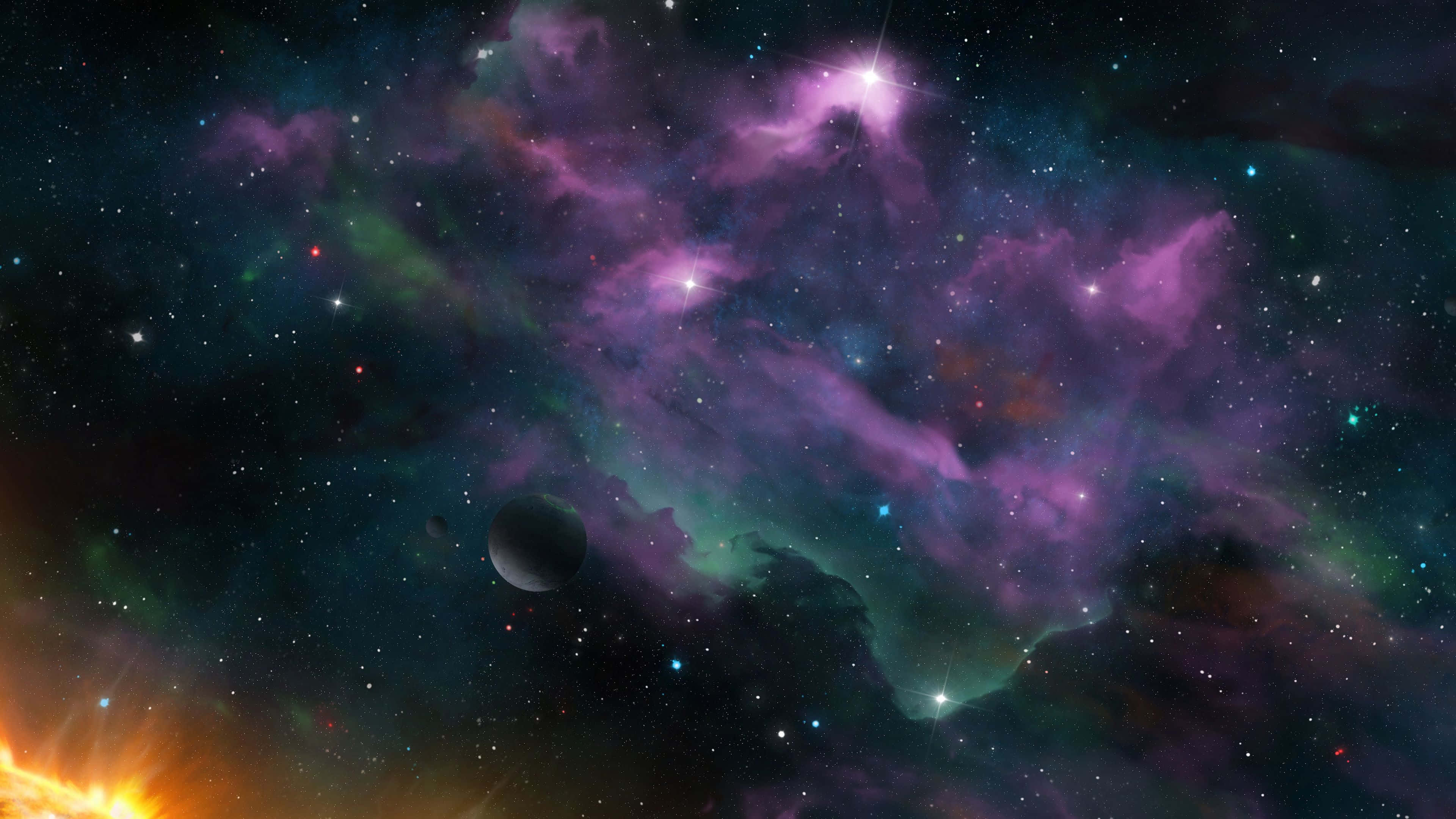 Planetary Nebula 桌布 壁紙 — 充滿活力的宇宙星雲，帶有紫色和綠色的雲層、發光的星星，背景是黑暗的太空，並有繞行行星。
