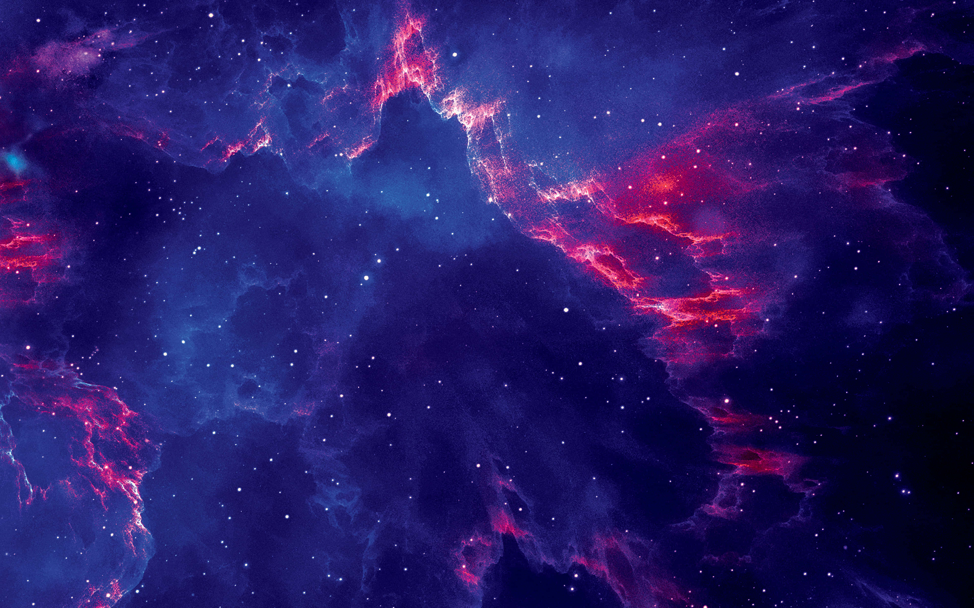宇宙 桌布 壁紙 — 充滿活力的宇宙星雲，帶有電光粉紅和深藍色的雲朵，在無限太空中圍繞著發光的星星旋轉。