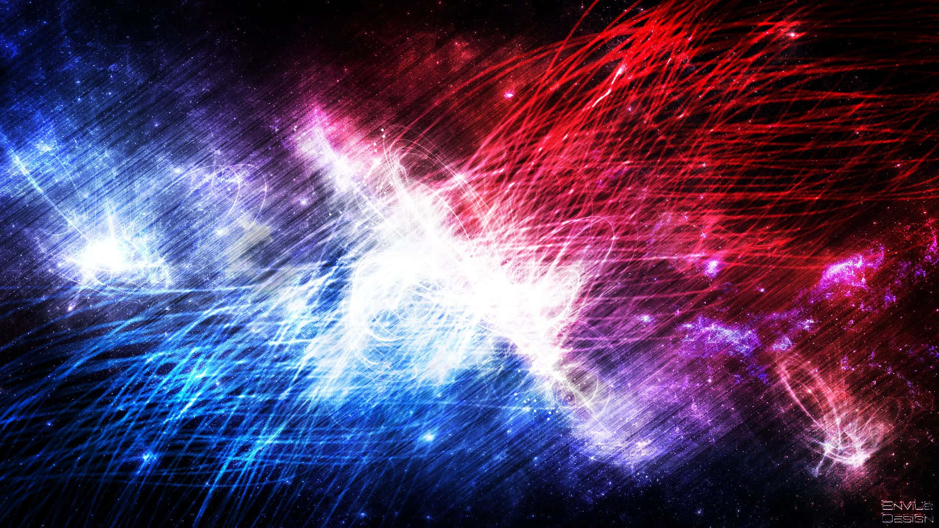 Red White And Blue 桌布 壁紙 — 充滿活力的宇宙星雲，帶有電光藍色和火紅色的能量流，在繁星點點的黑色虛空中旋轉。