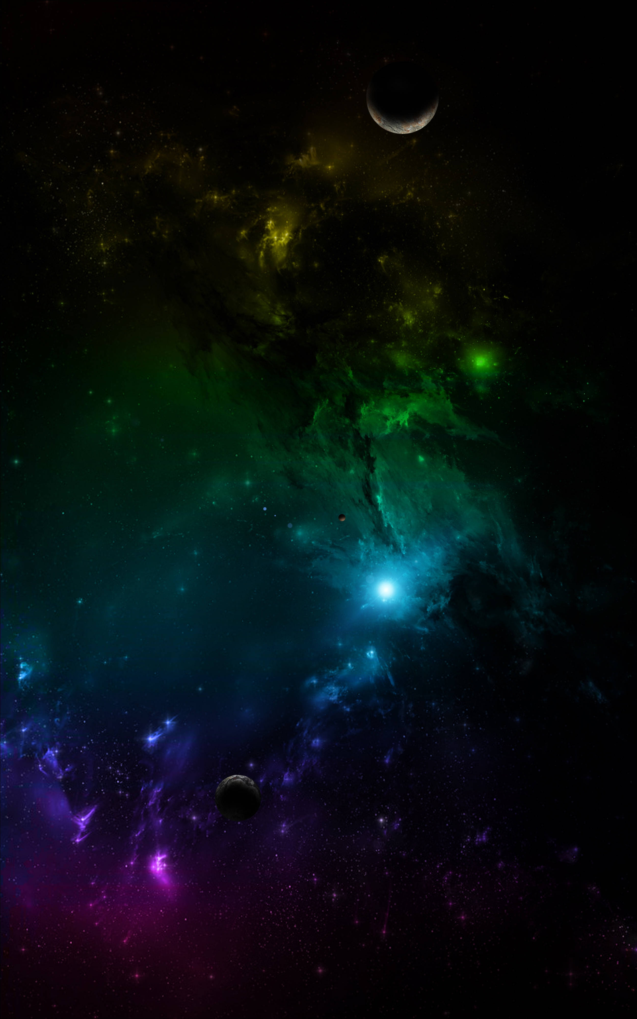 手機 桌布 壁紙 — 充滿活力的宇宙星雲，旋轉的綠色、藍色和紫色氣體在黑色太空中發光，遠處有行星和恆星。