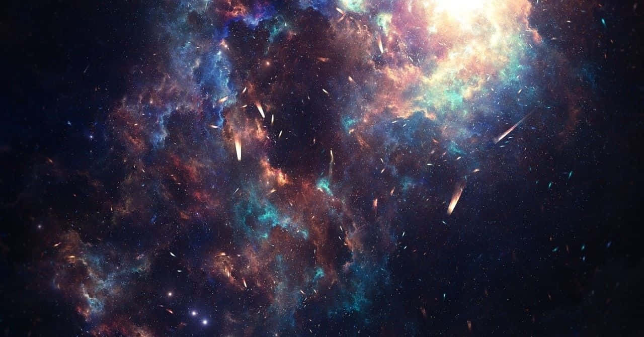 720p 桌布 壁紙 — 充滿活力的宇宙星雲，旋轉的藍色、紅色和金色，由遙遠的恆星和劃過的彗星照亮。