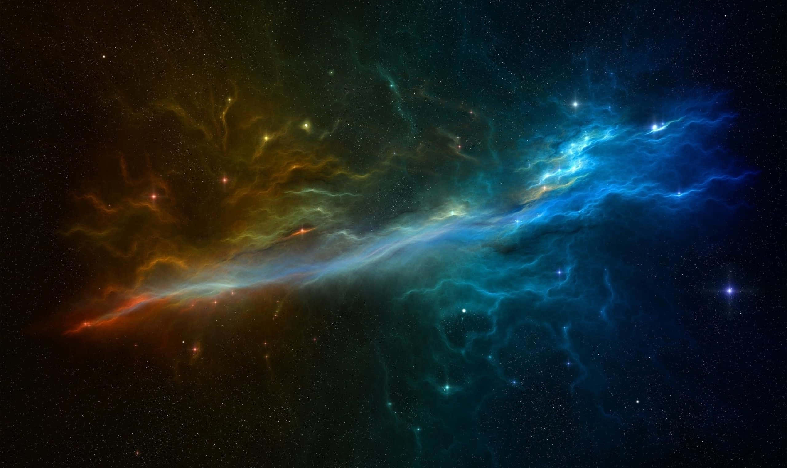 酷炫太空 桌布 壁紙 — 充滿活力的宇宙星雲，旋轉的藍色和橙色雲層在黑暗虛空中被發光的星星照亮。