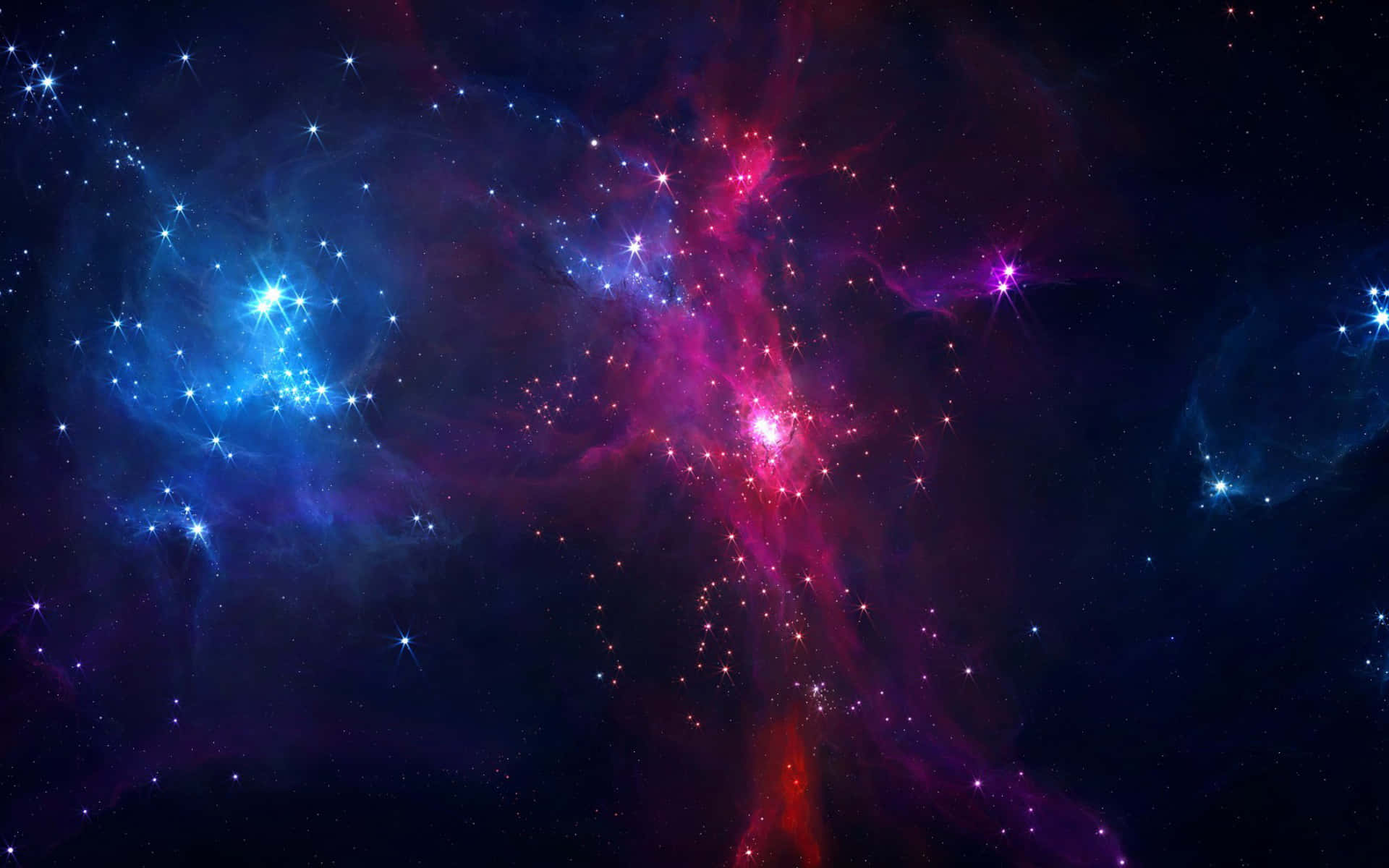 科幻 桌布 壁紙 — 充滿活力的宇宙星雲，有旋轉的粉紅色、紫色和藍色雲朵，被明亮的星星照亮，背景是黑暗虛空。