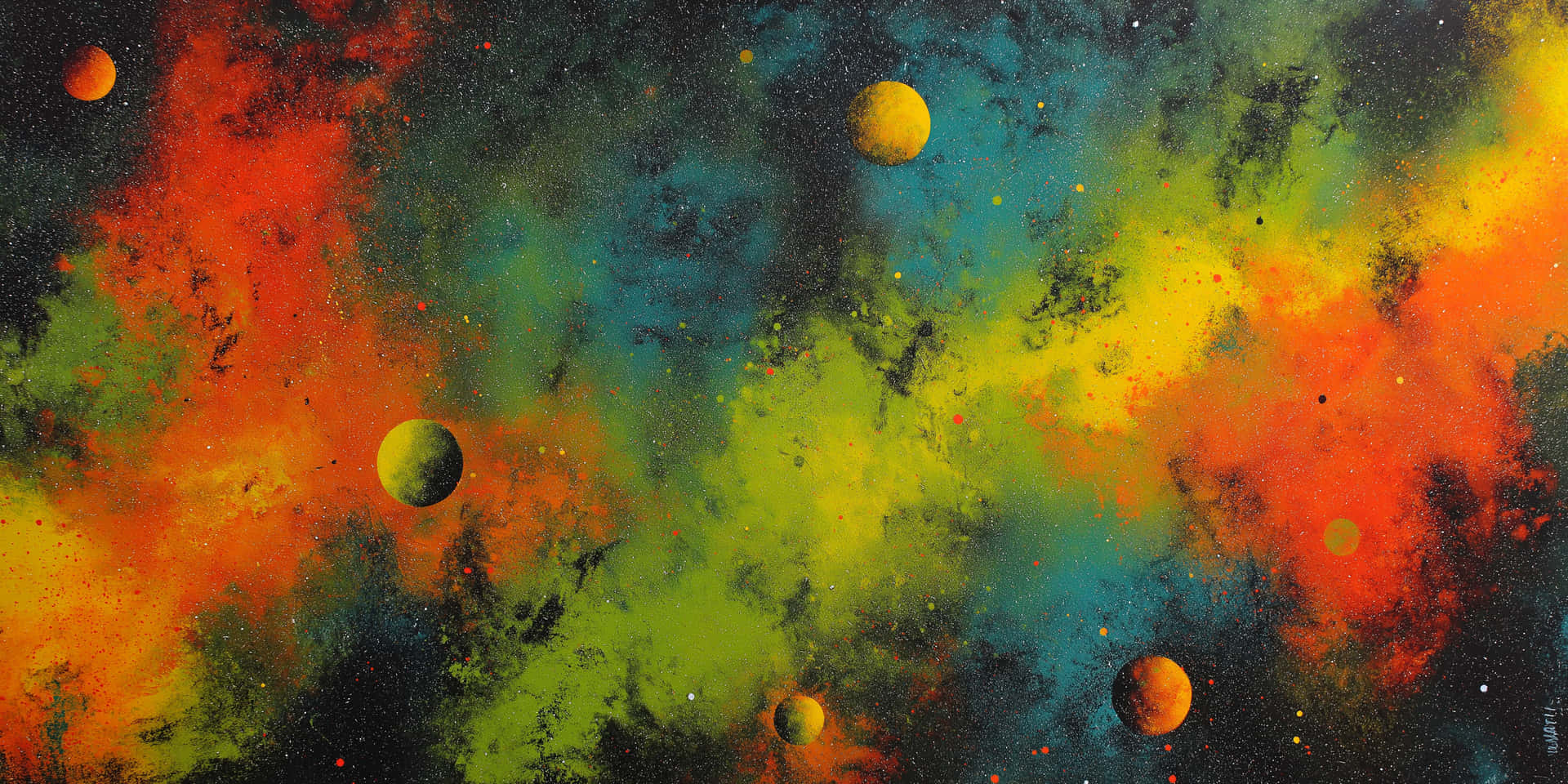 Abstract Cosmic Symphony 壁紙 — 充滿活力的宇宙星雲，有旋轉的紅色、綠色、藍色和黃色雲層，以及漂浮的行星，背景是星光閃爍的黑色。