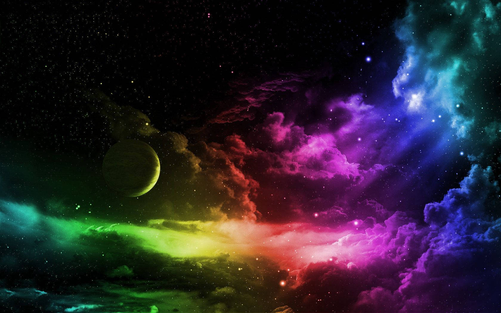 Colorful Galaxy 桌布 壁紙 — 充滿活力的宇宙星雲，有旋轉的紫色、粉紅色和綠色雲層、星星和一顆在深空中發光的行星。